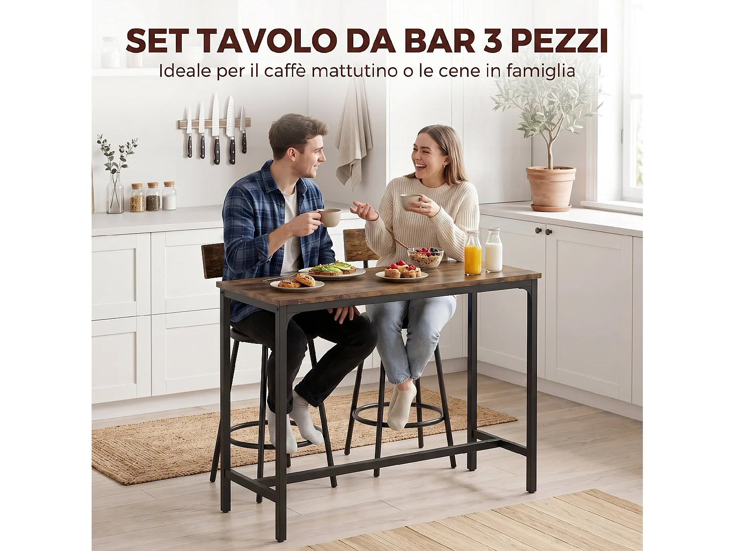 Set tavolo da bar tre pezzi in legno marrone rustico