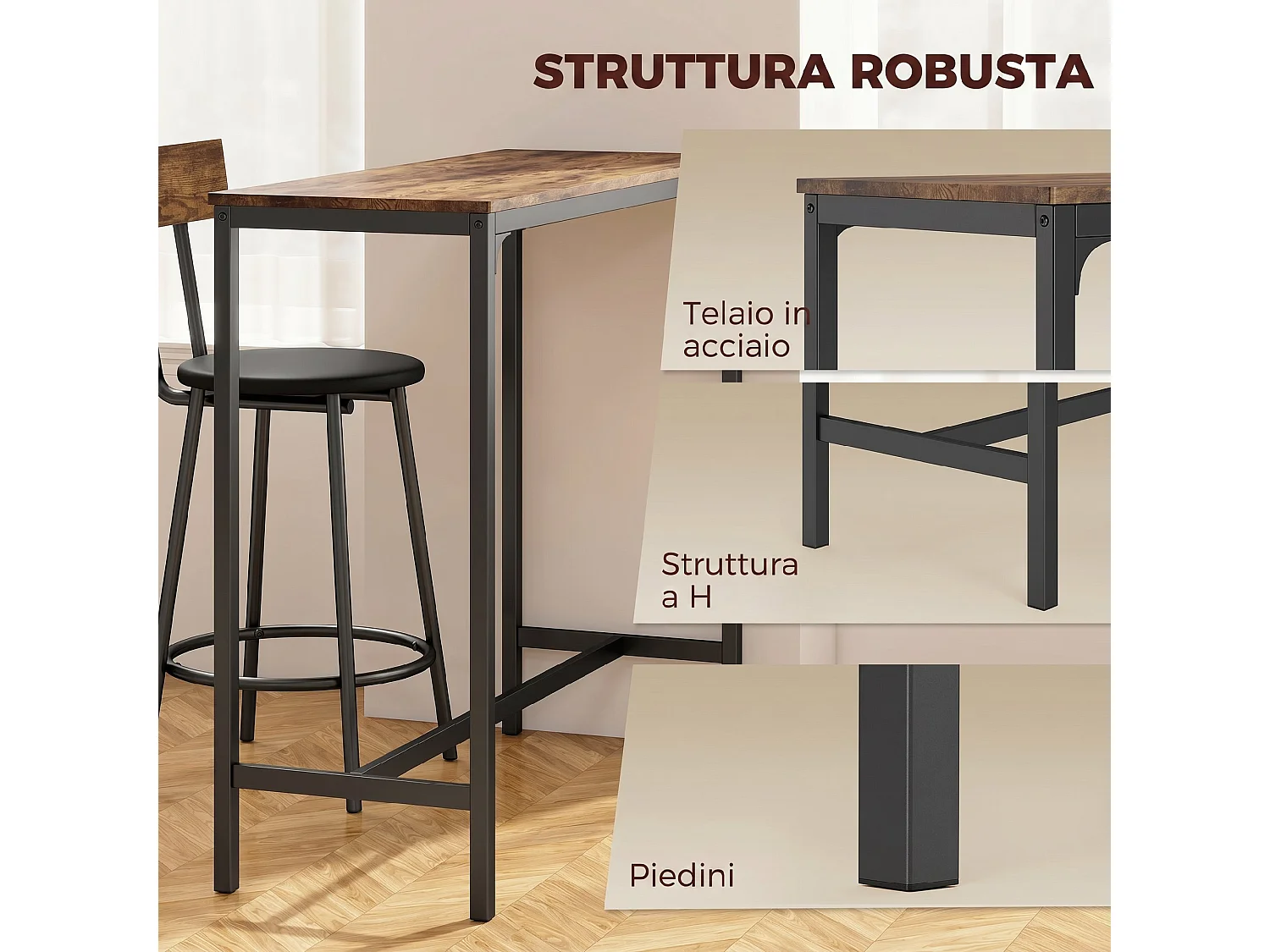 Set tavolo da bar tre pezzi in legno marrone rustico