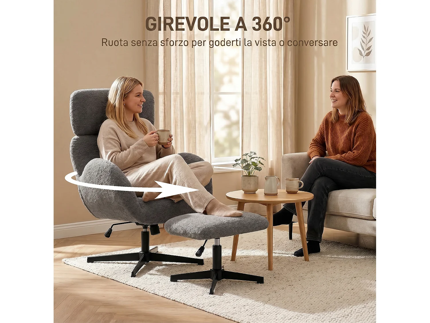 Poltrona girevole con poggiapiedi in tessuto grigio