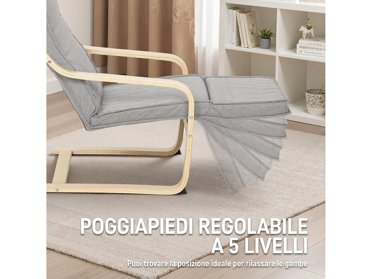 Poltrona moderna con poggiapiedi in tessuto effetto lino grigio chiaro