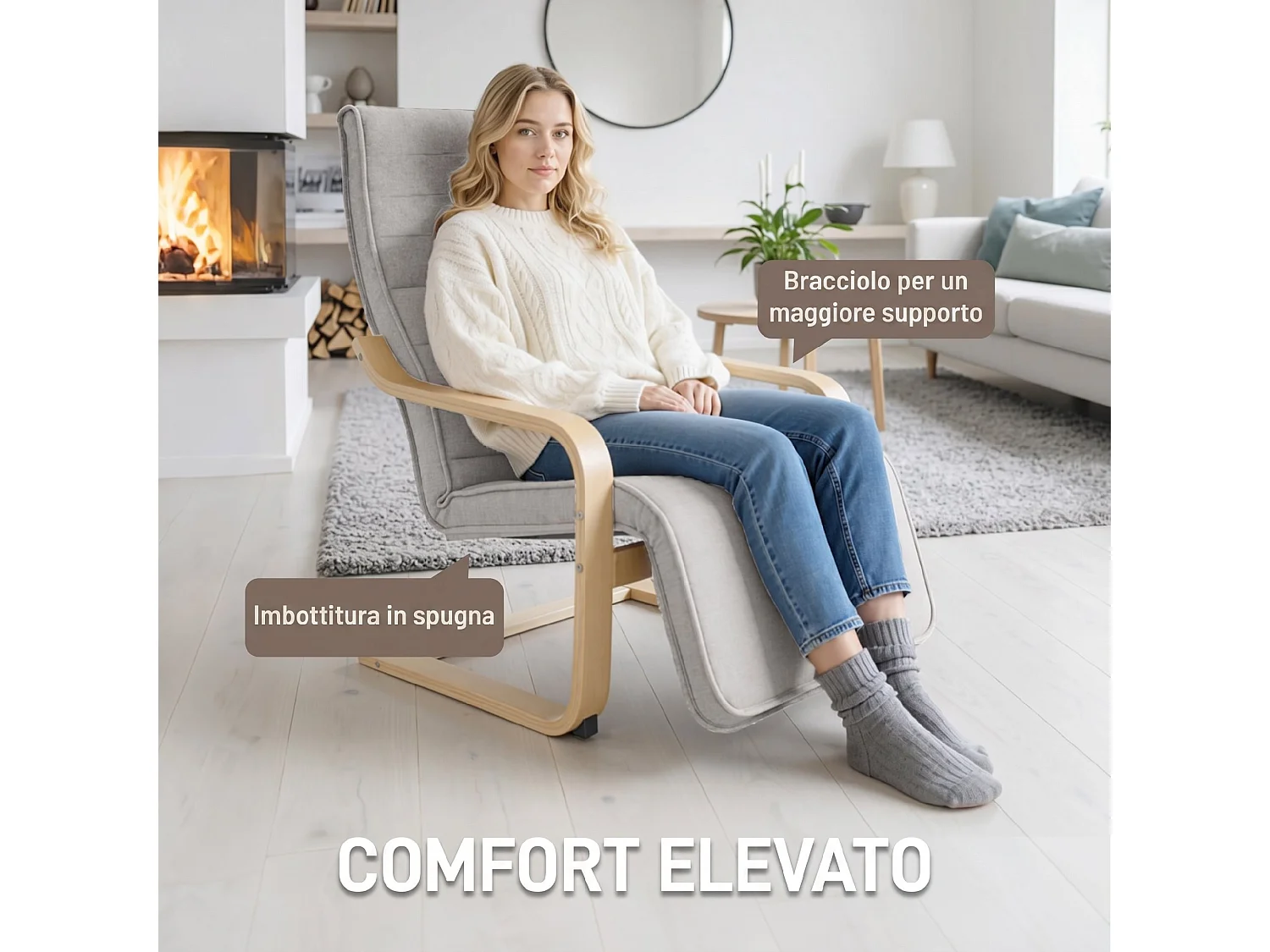 Poltrona moderna con poggiapiedi in tessuto effetto lino grigio chiaro