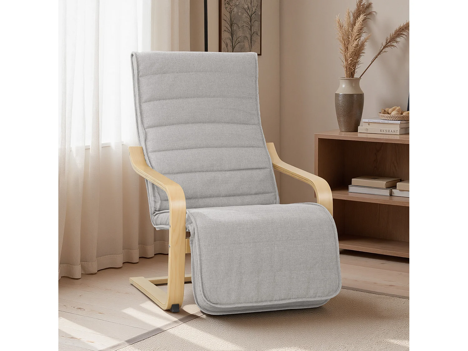 Poltrona moderna con poggiapiedi in tessuto effetto lino grigio chiaro