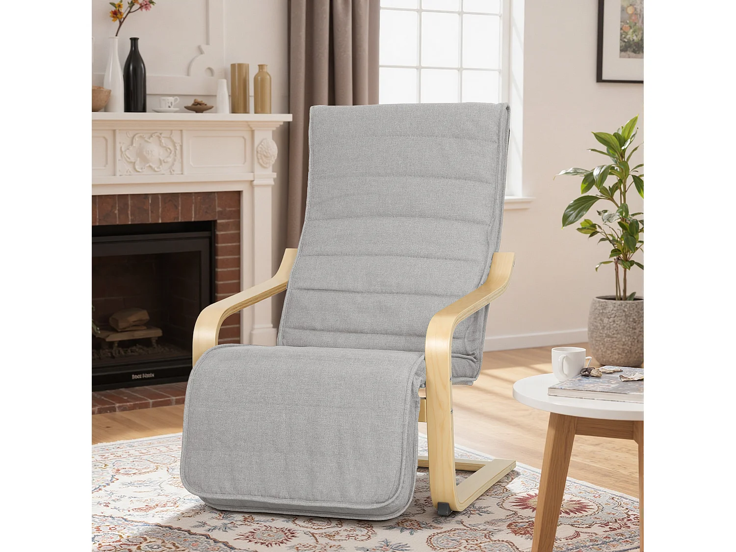 Poltrona moderna con poggiapiedi in tessuto effetto lino grigio chiaro