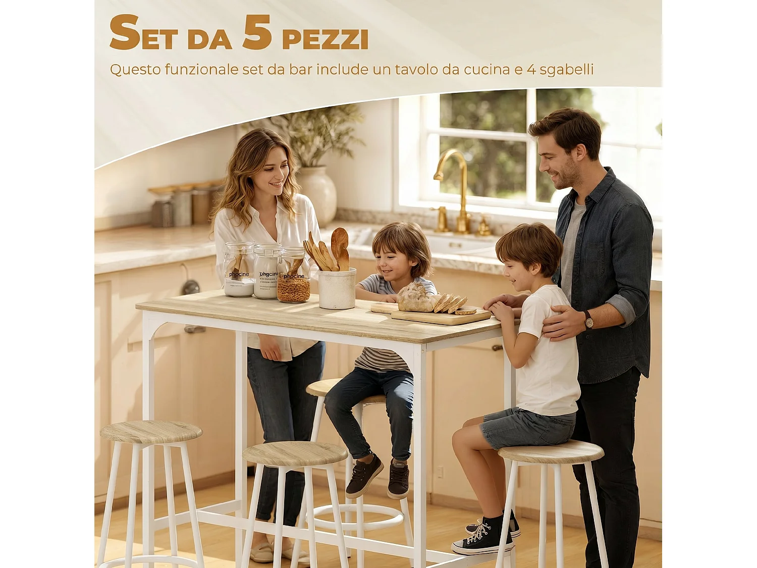 Set da pranzo 5 pz con bancone da bar e sgabelli abbinati color legno