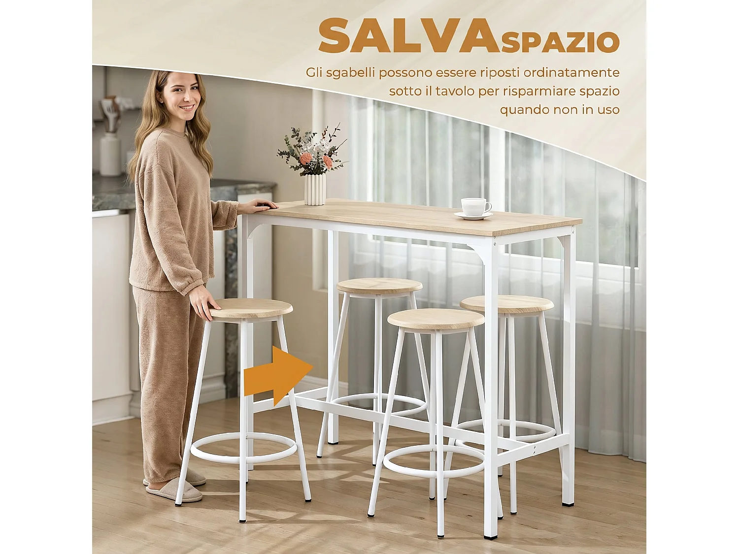Set da pranzo 5 pz con bancone da bar e sgabelli abbinati color legno