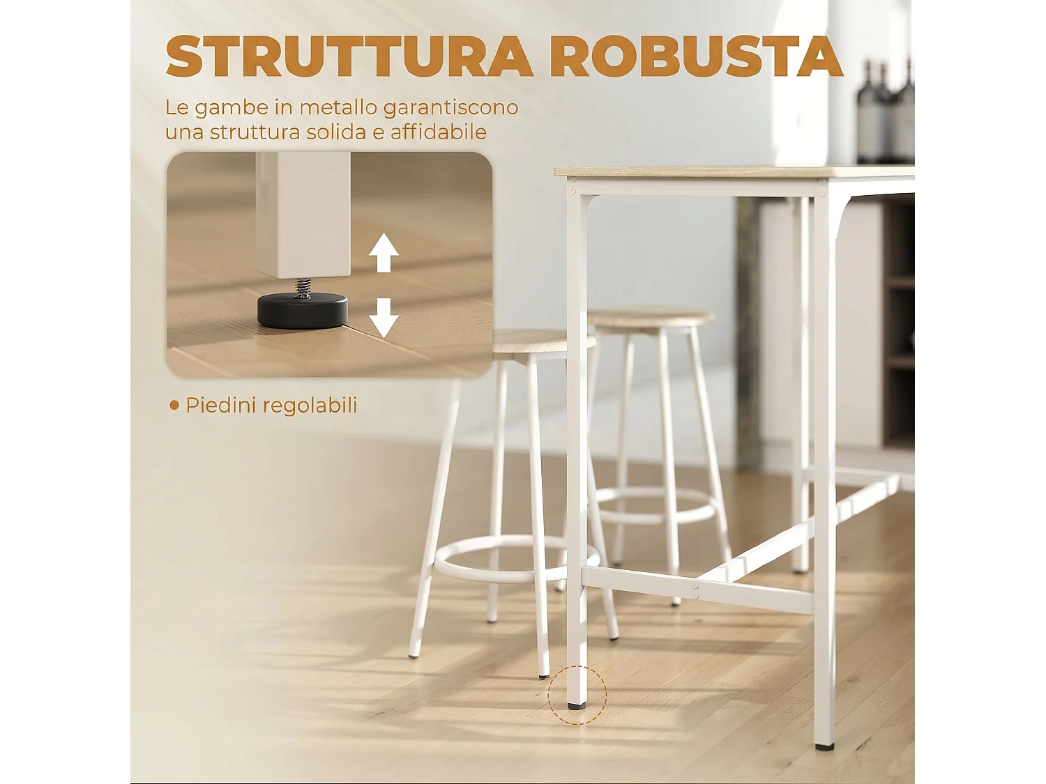 Set da pranzo 5 pz con bancone da bar e sgabelli abbinati color legno