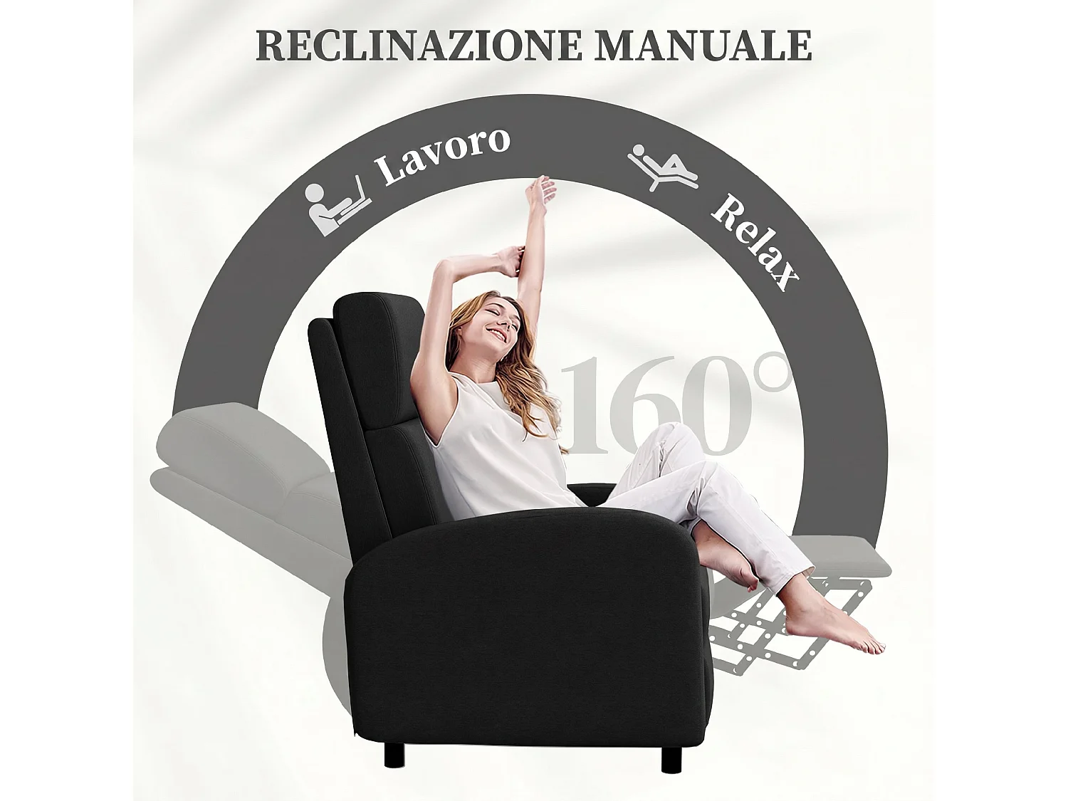 Poltrona reclinabile con poggiapiedi in tessuto effetto lino nero