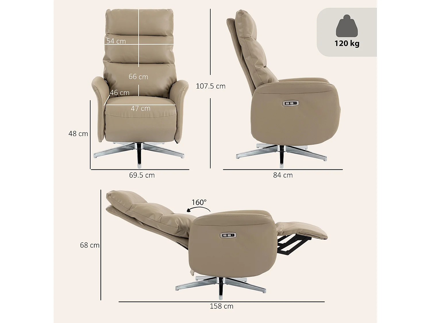 Poltrona reclinabile elettrica girevole con usb in pelle pu marrone