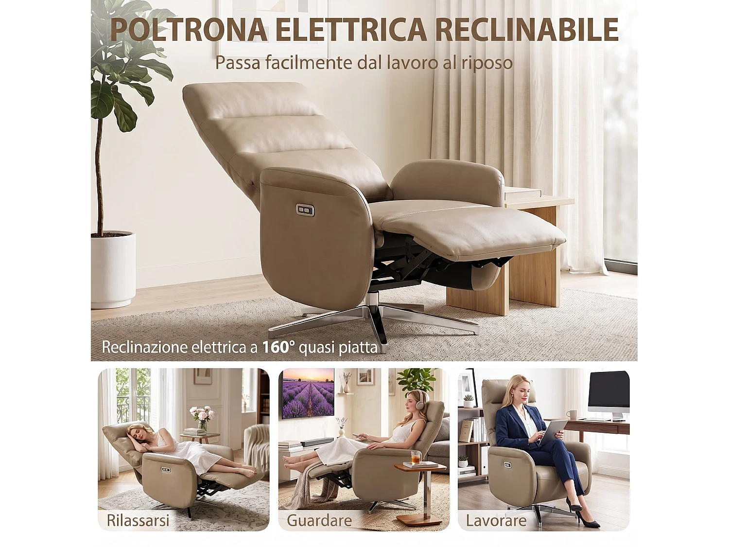 Poltrona reclinabile elettrica girevole con usb in pelle pu marrone