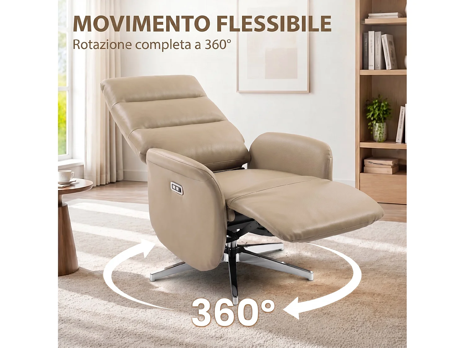 Poltrona reclinabile elettrica girevole con usb in pelle pu marrone