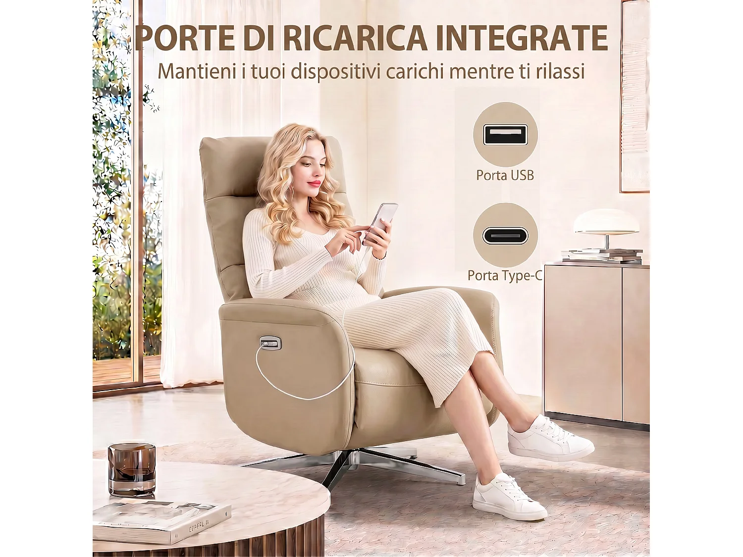 Poltrona reclinabile elettrica girevole con usb in pelle pu marrone