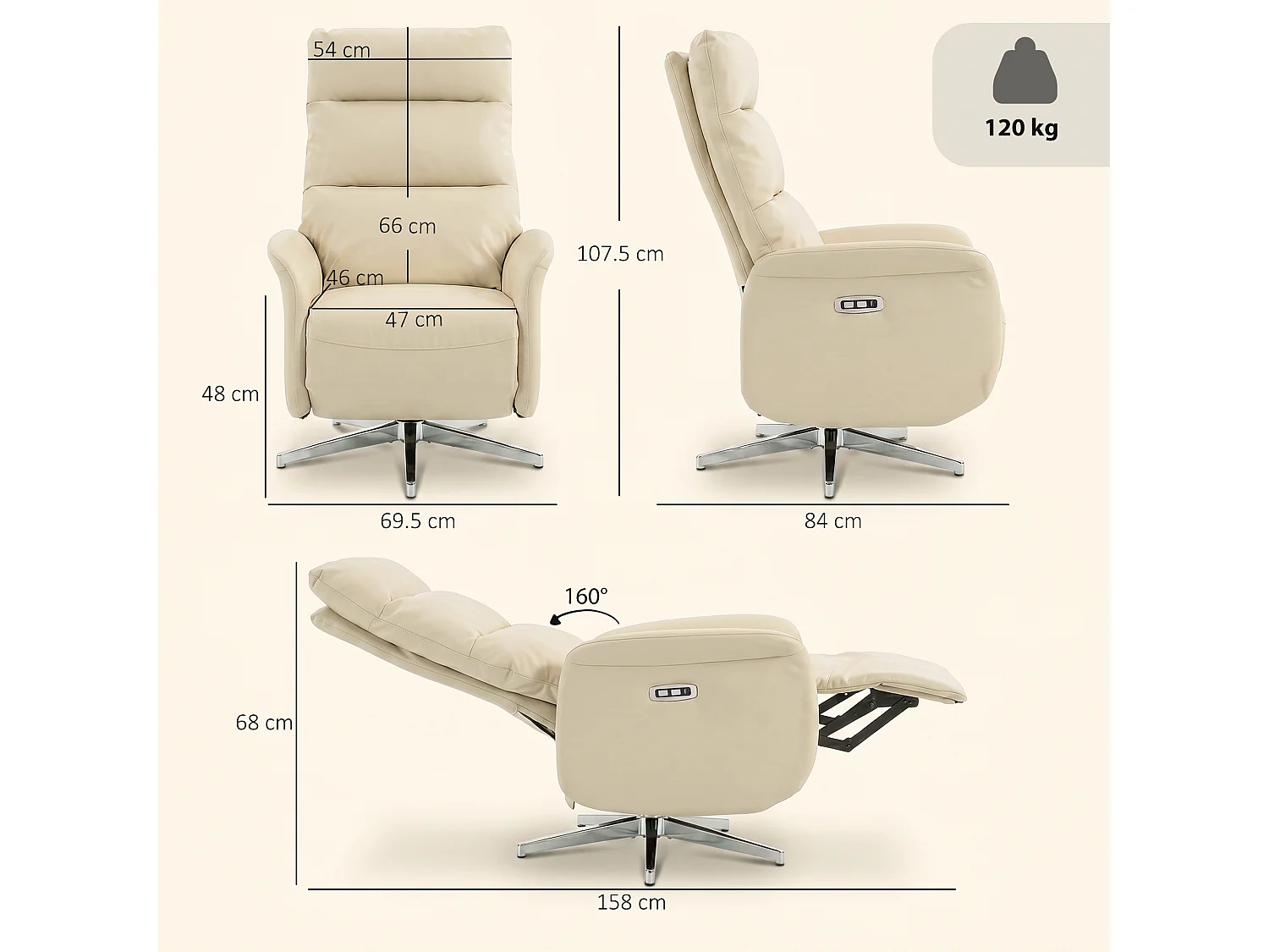 Poltrona reclinabile elettrica girevole con usb in pelle pu beige