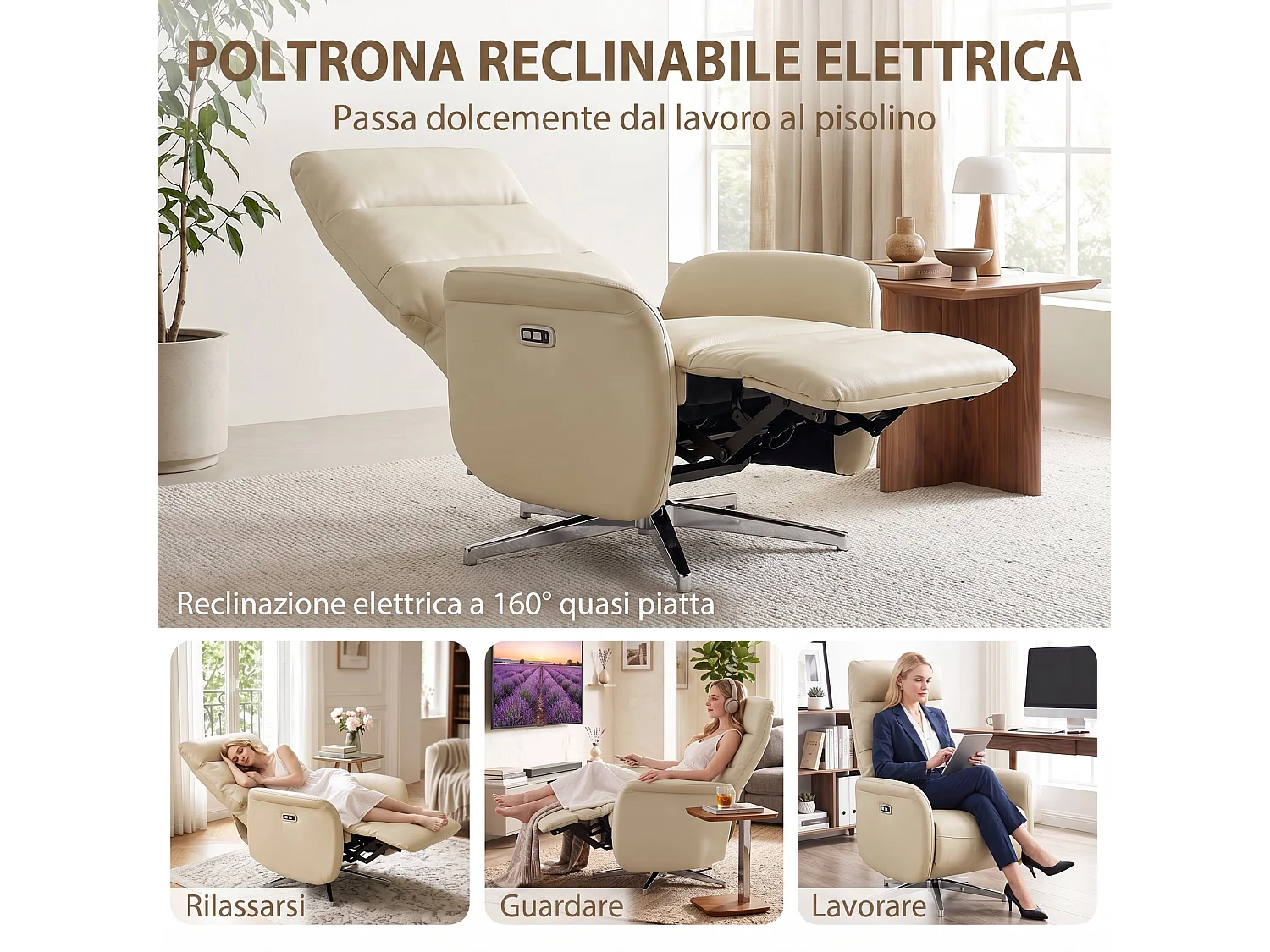 Poltrona reclinabile elettrica girevole con usb in pelle pu beige
