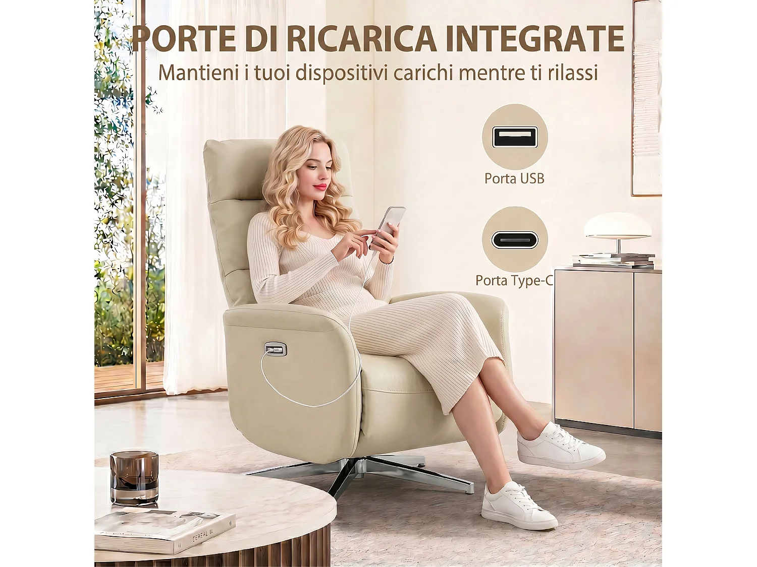 Poltrona reclinabile elettrica girevole con usb in pelle pu beige