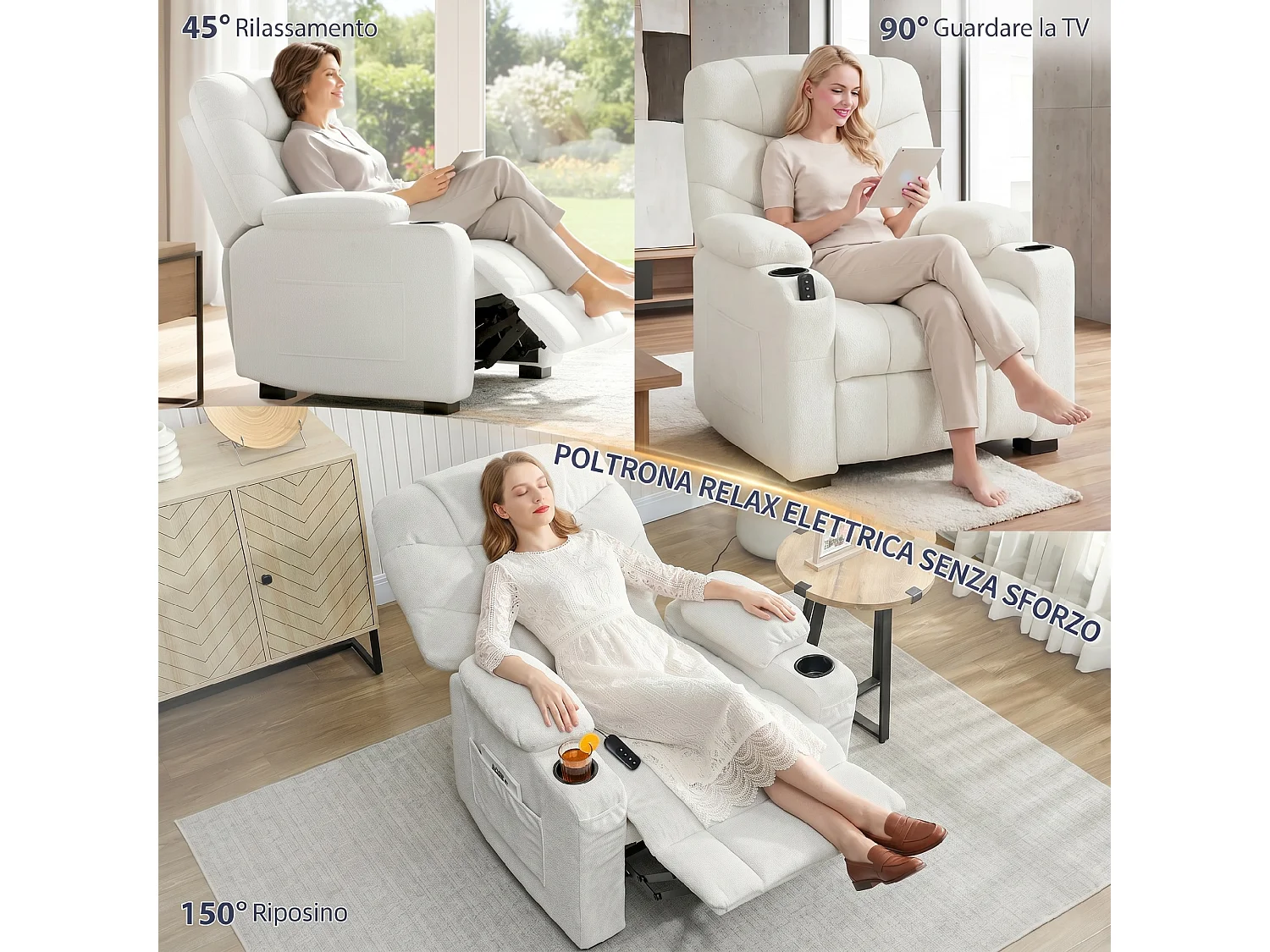 Poltrona relax elettrica reclinabile con poggiapiedi in velluto crema