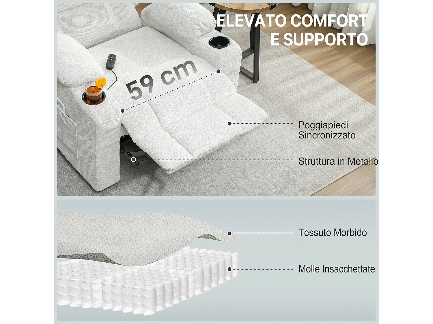 Poltrona relax elettrica reclinabile con poggiapiedi in velluto crema