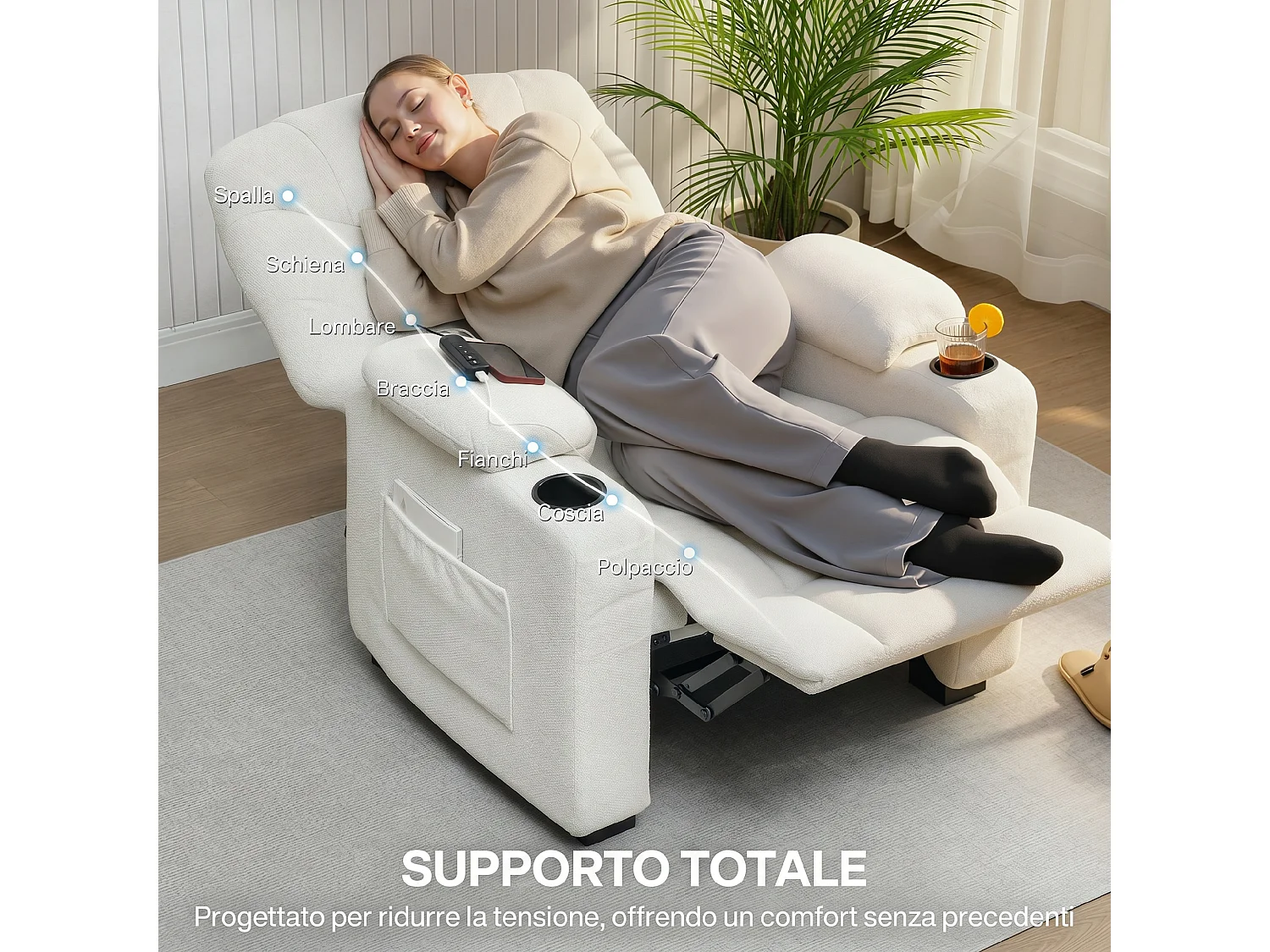 Poltrona relax elettrica reclinabile con poggiapiedi in velluto crema