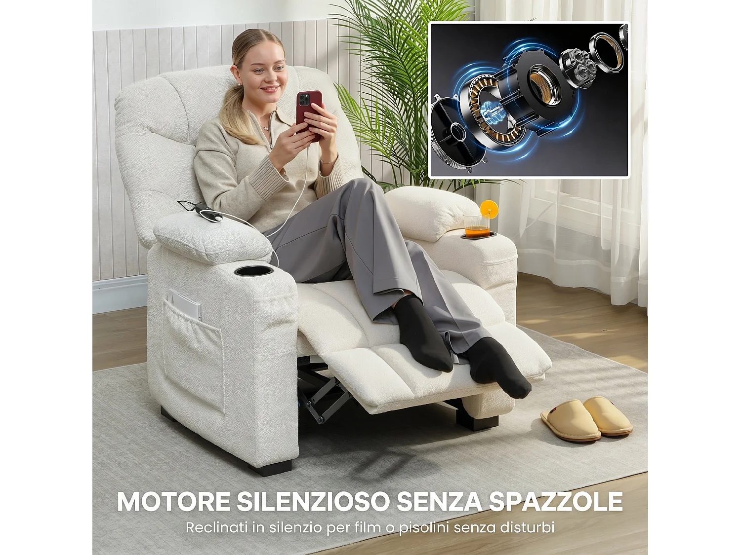 Poltrona relax elettrica reclinabile con poggiapiedi in velluto crema