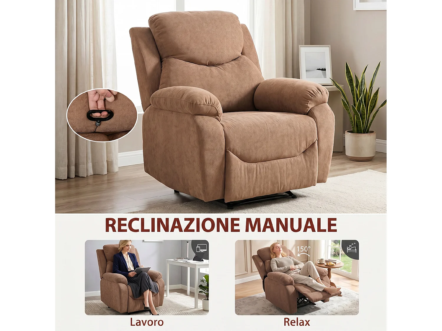 Poltrona reclinabile manuale in tessuto effetto lino marrone scuro