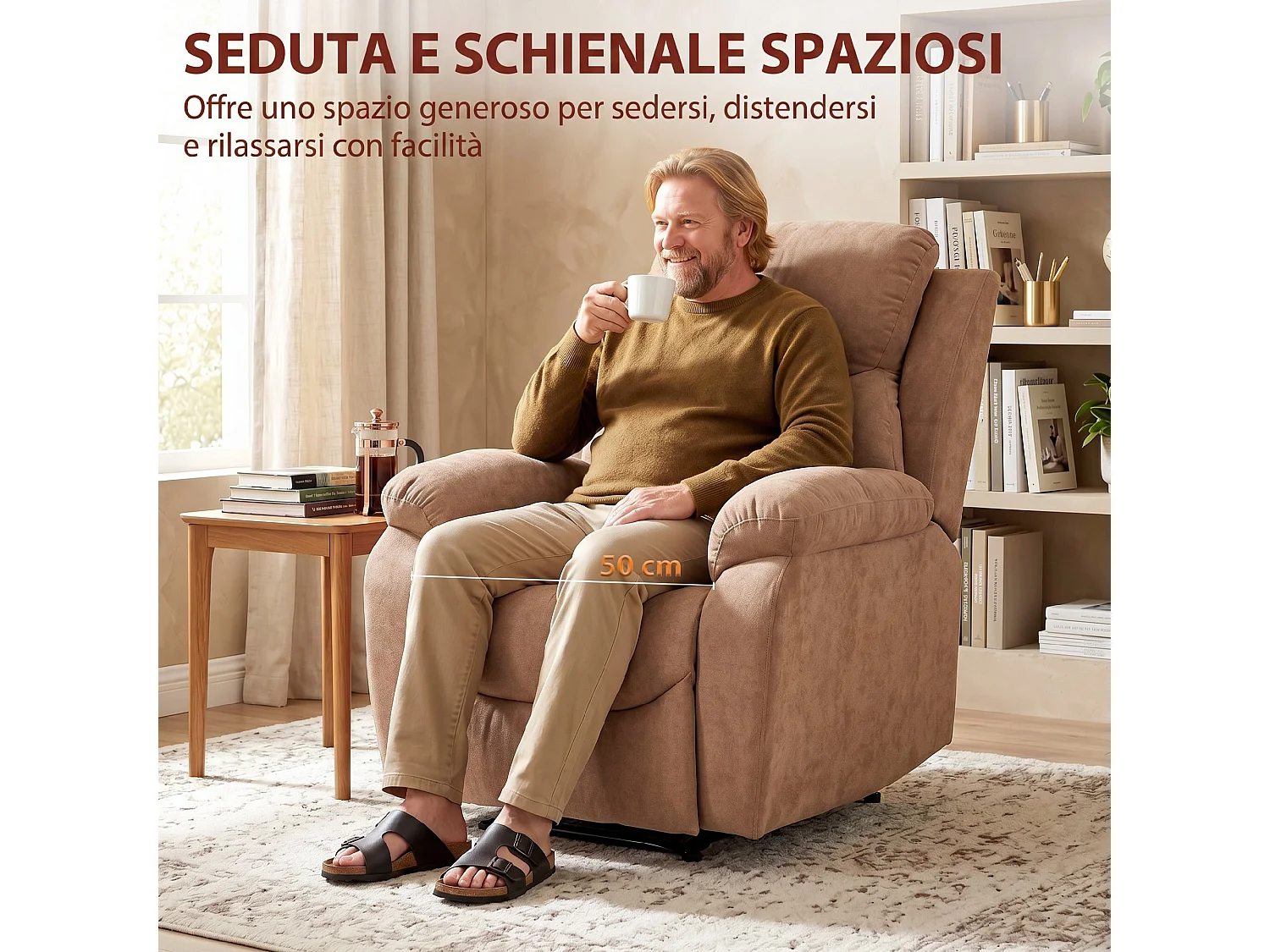 Poltrona reclinabile manuale in tessuto effetto lino marrone scuro