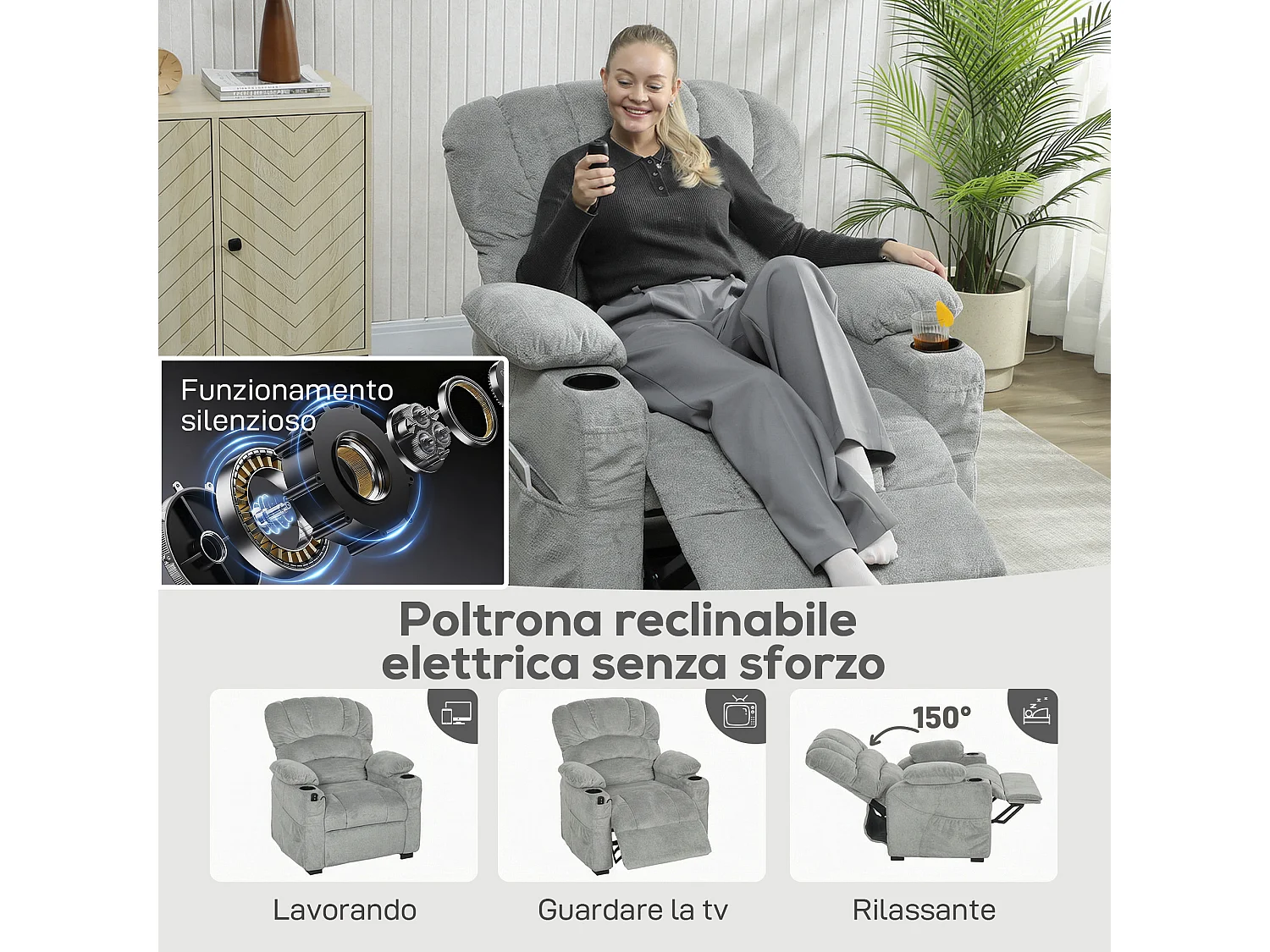 Poltrona relax elettrica reclinabile 150° in velluto grigio