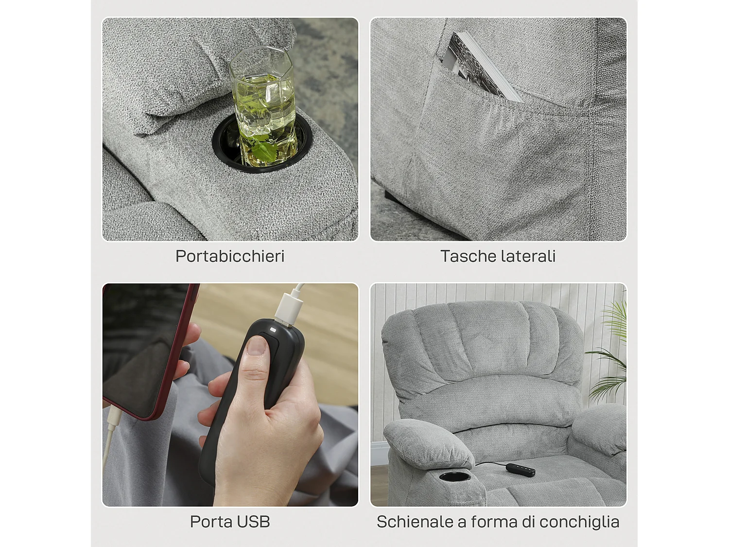 Poltrona relax elettrica reclinabile 150° in velluto grigio