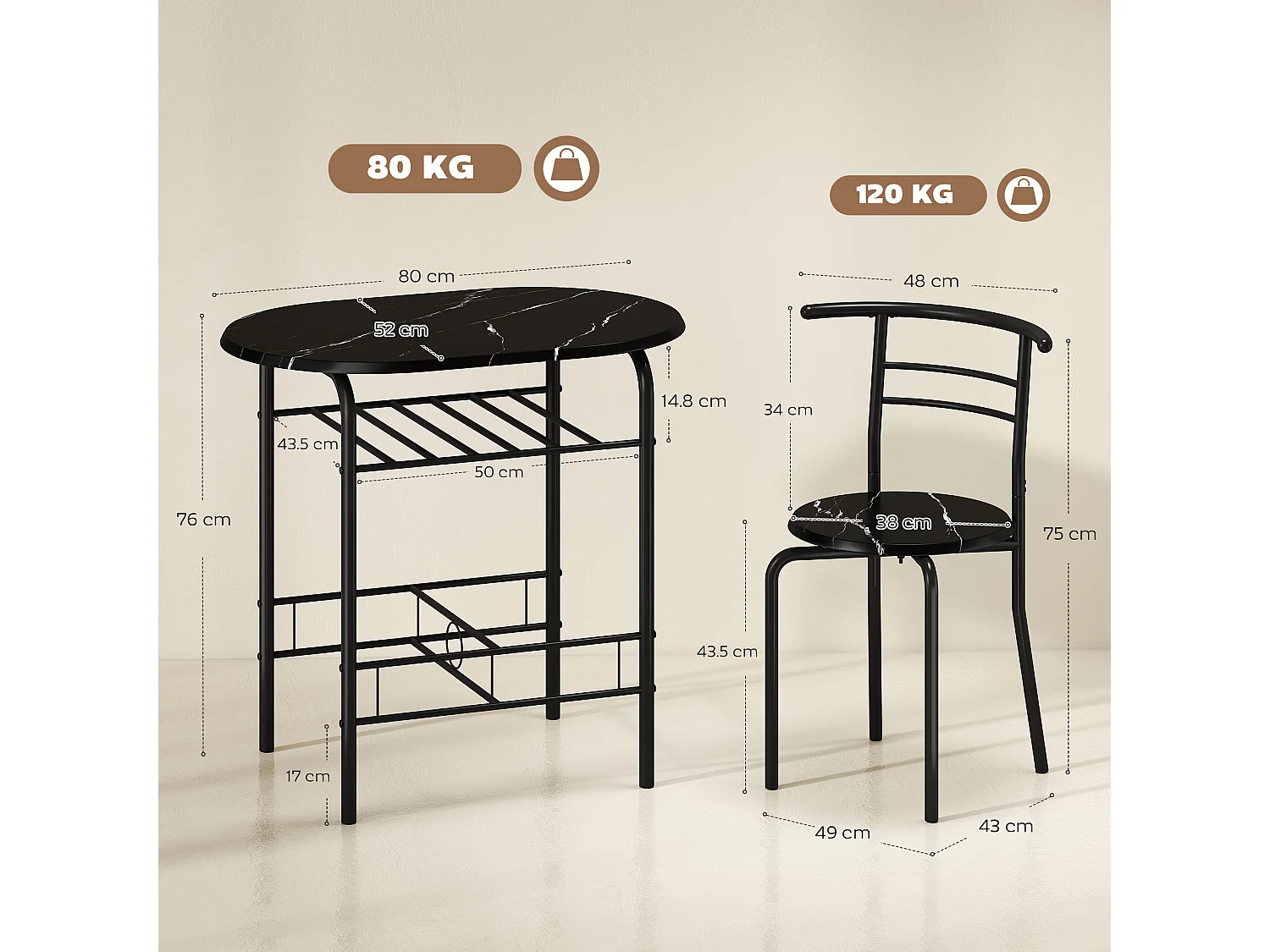 Set 3 pezzi mobili da bar con 2 sedie 49x43x75 cm e Tavolo 80x52x76 cm