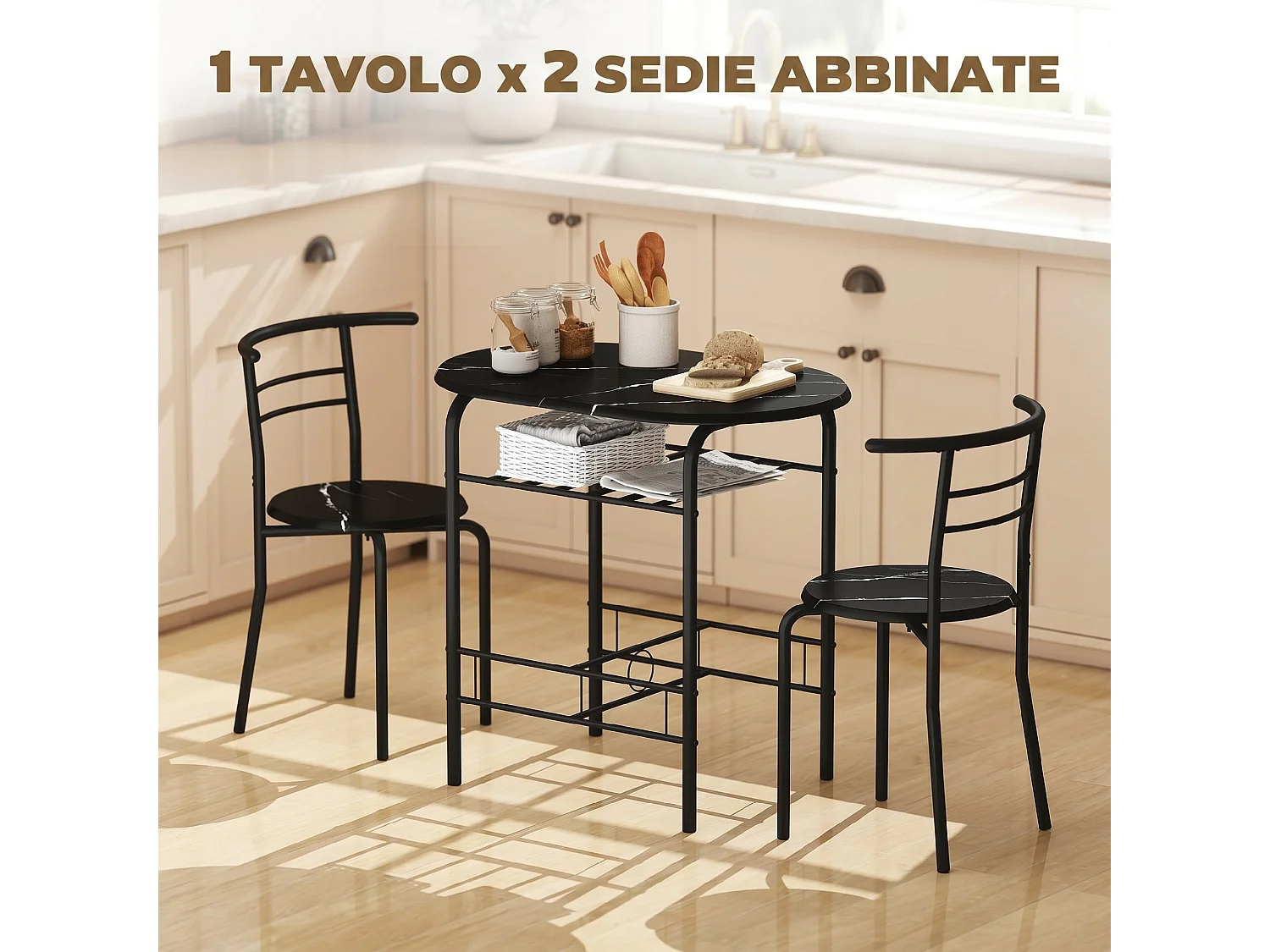 Set 3 pezzi mobili da bar con 2 sedie 49x43x75 cm e Tavolo 80x52x76 cm