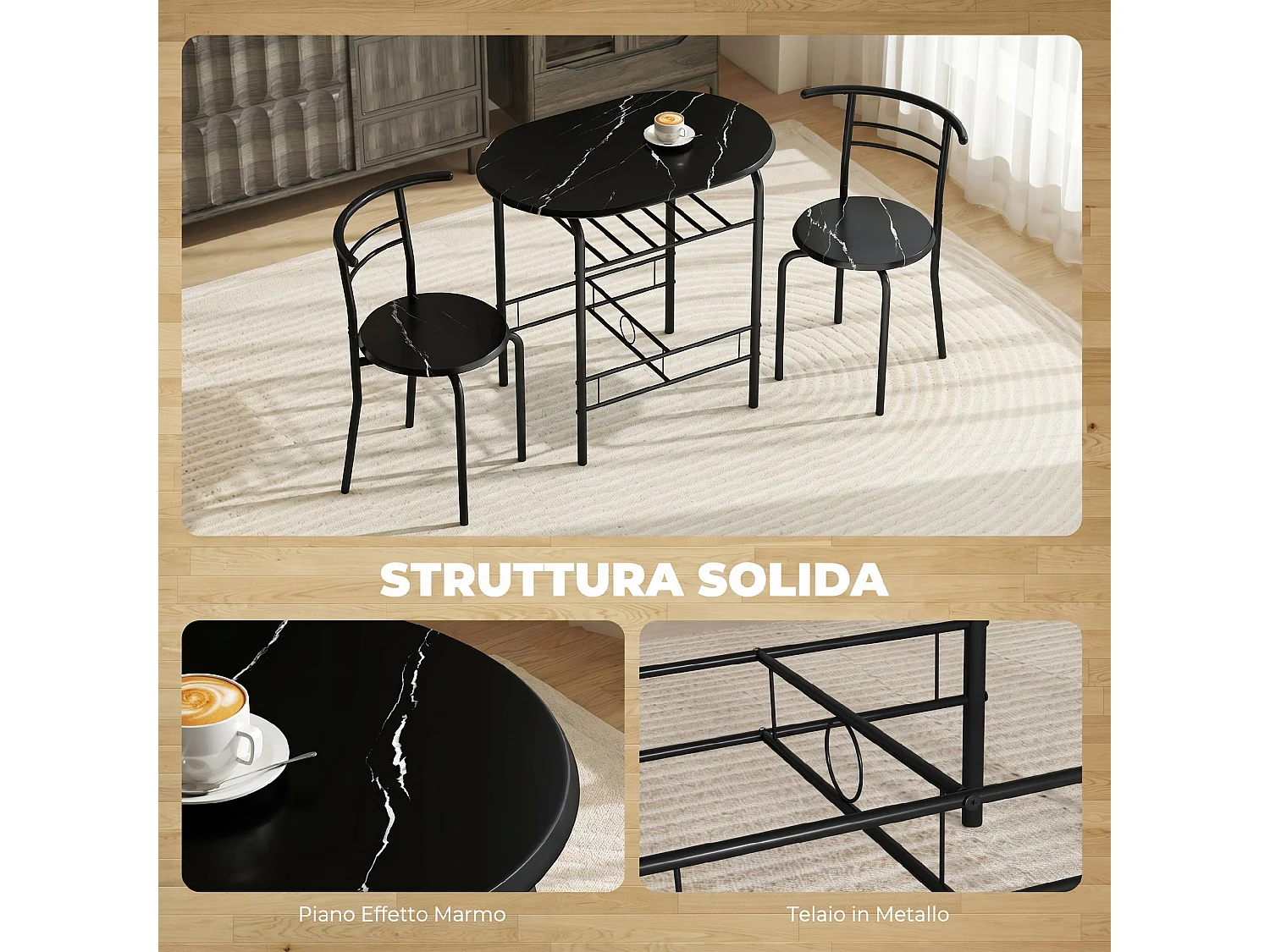 Set 3 pezzi mobili da bar con 2 sedie 49x43x75 cm e Tavolo 80x52x76 cm