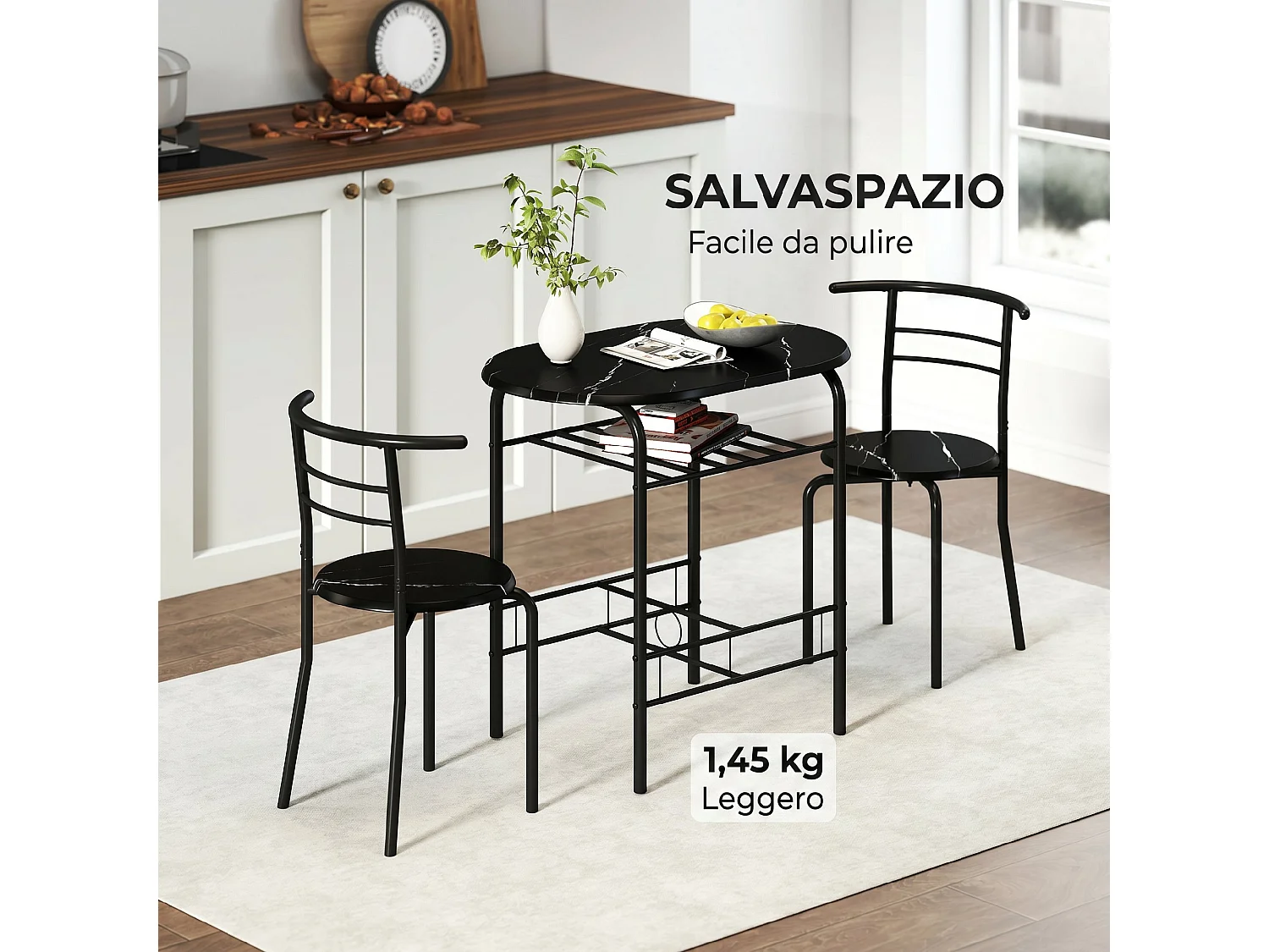 Set 3 pezzi mobili da bar con 2 sedie 49x43x75 cm e Tavolo 80x52x76 cm