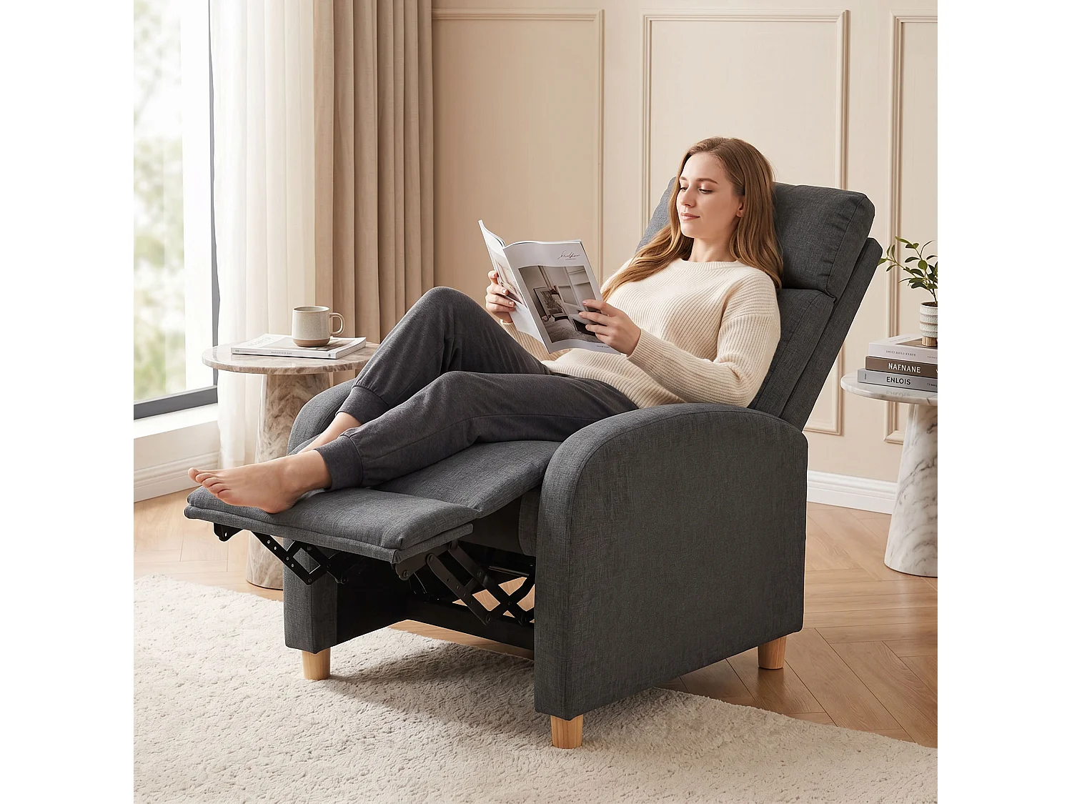 Poltrona relax reclinabile in tessuto effetto lino grigio scuro
