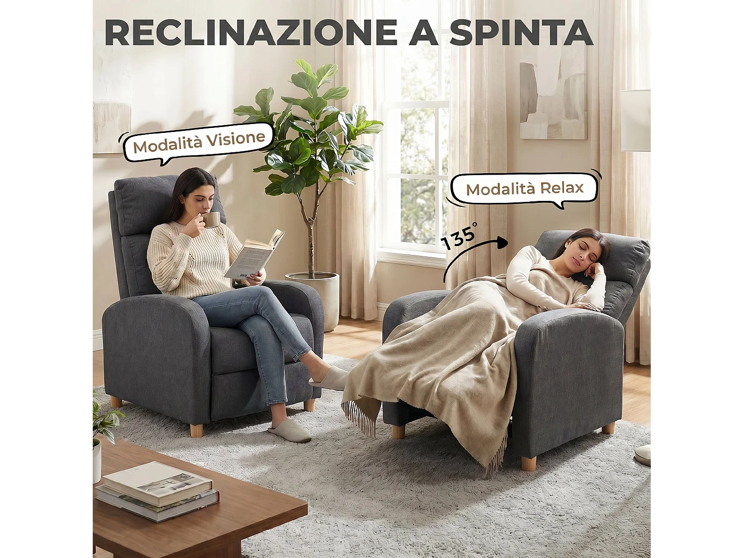 Poltrona relax reclinabile in tessuto effetto lino grigio scuro