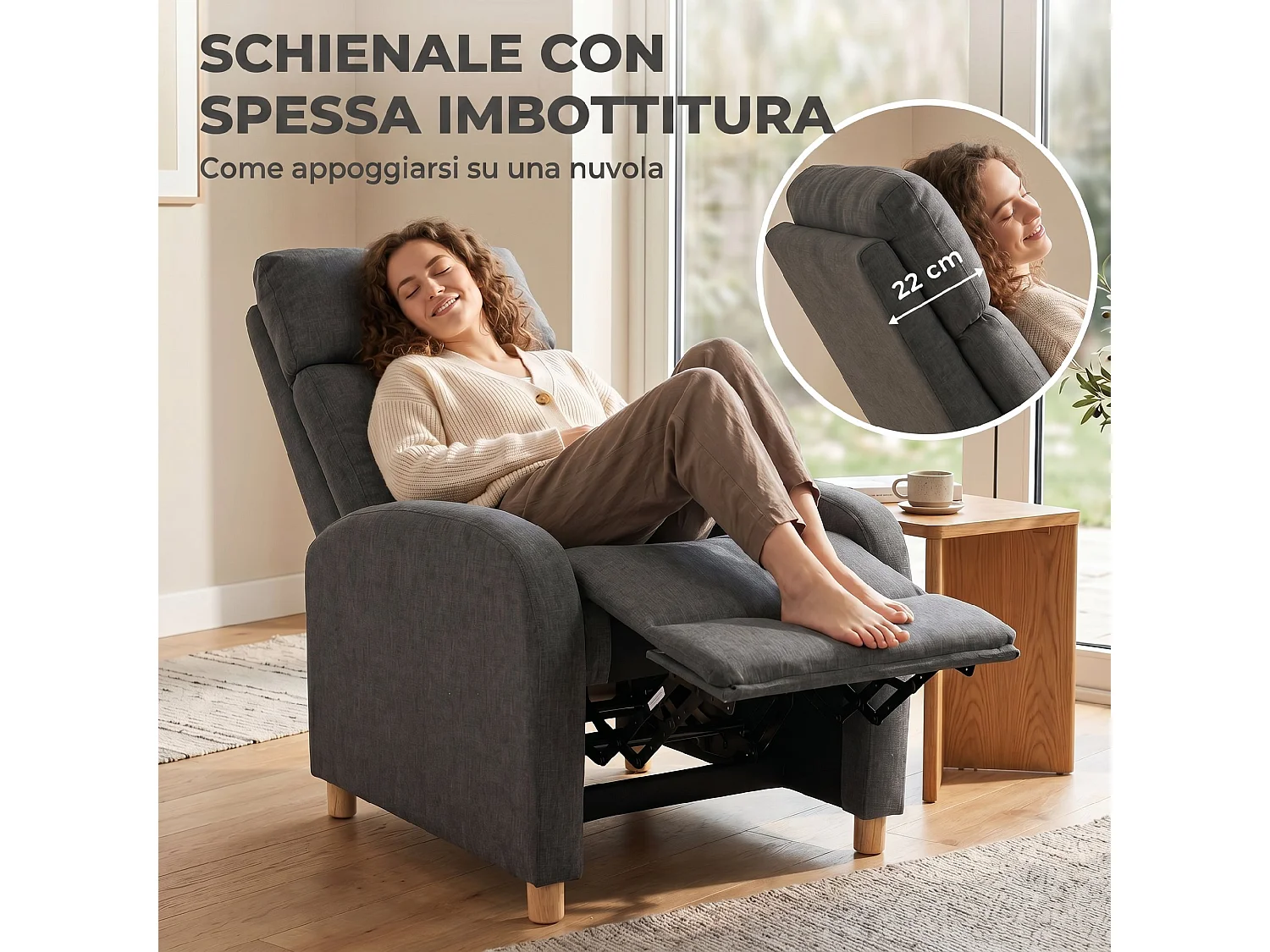 Poltrona relax reclinabile in tessuto effetto lino grigio scuro