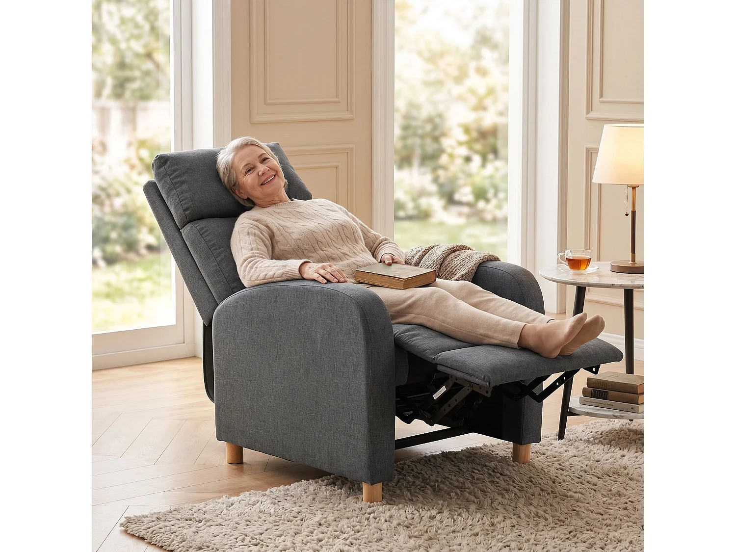 Poltrona relax reclinabile in tessuto effetto lino grigio scuro