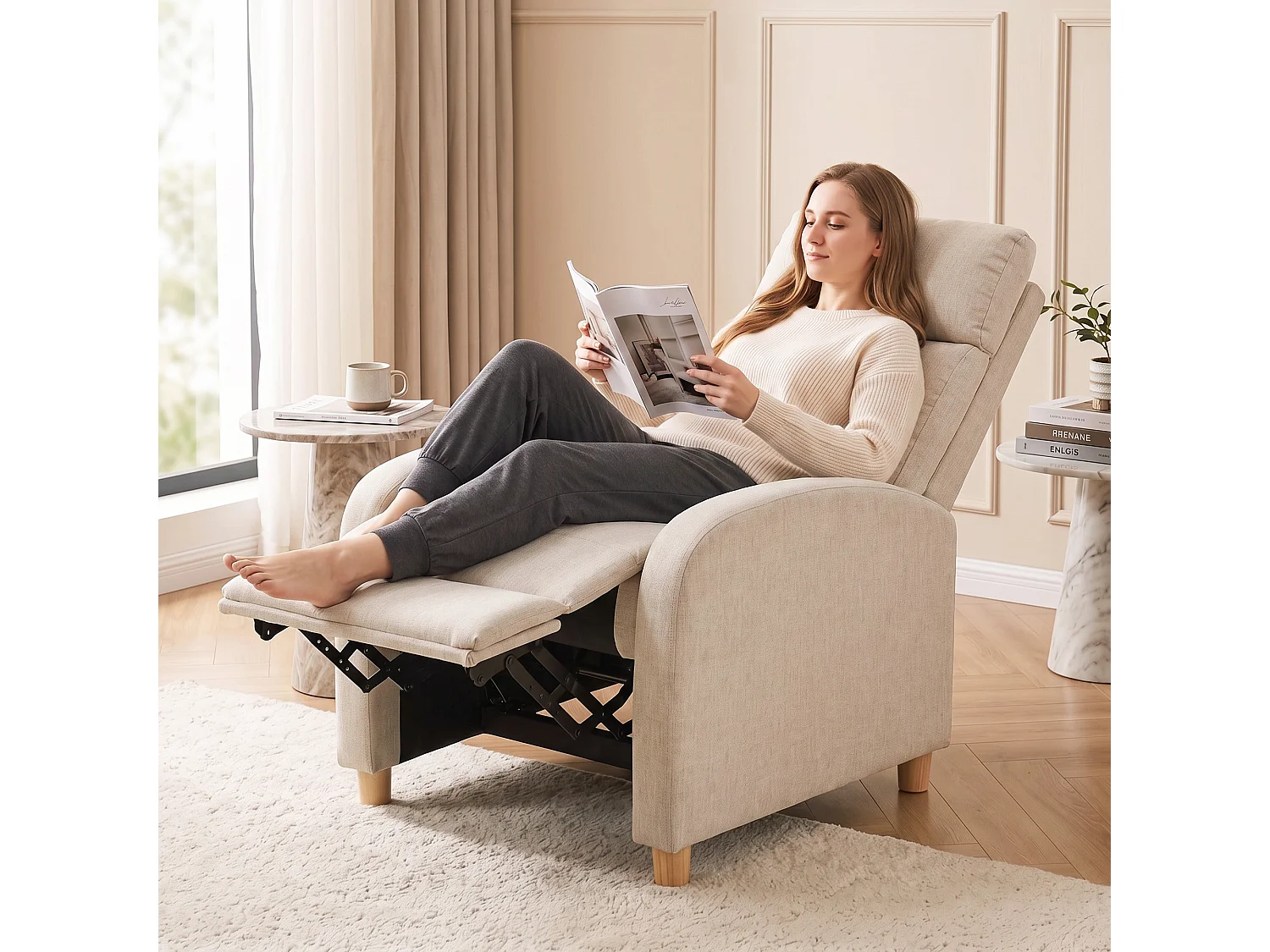 Poltrona relax reclinabile in tessuto effetto lino beige