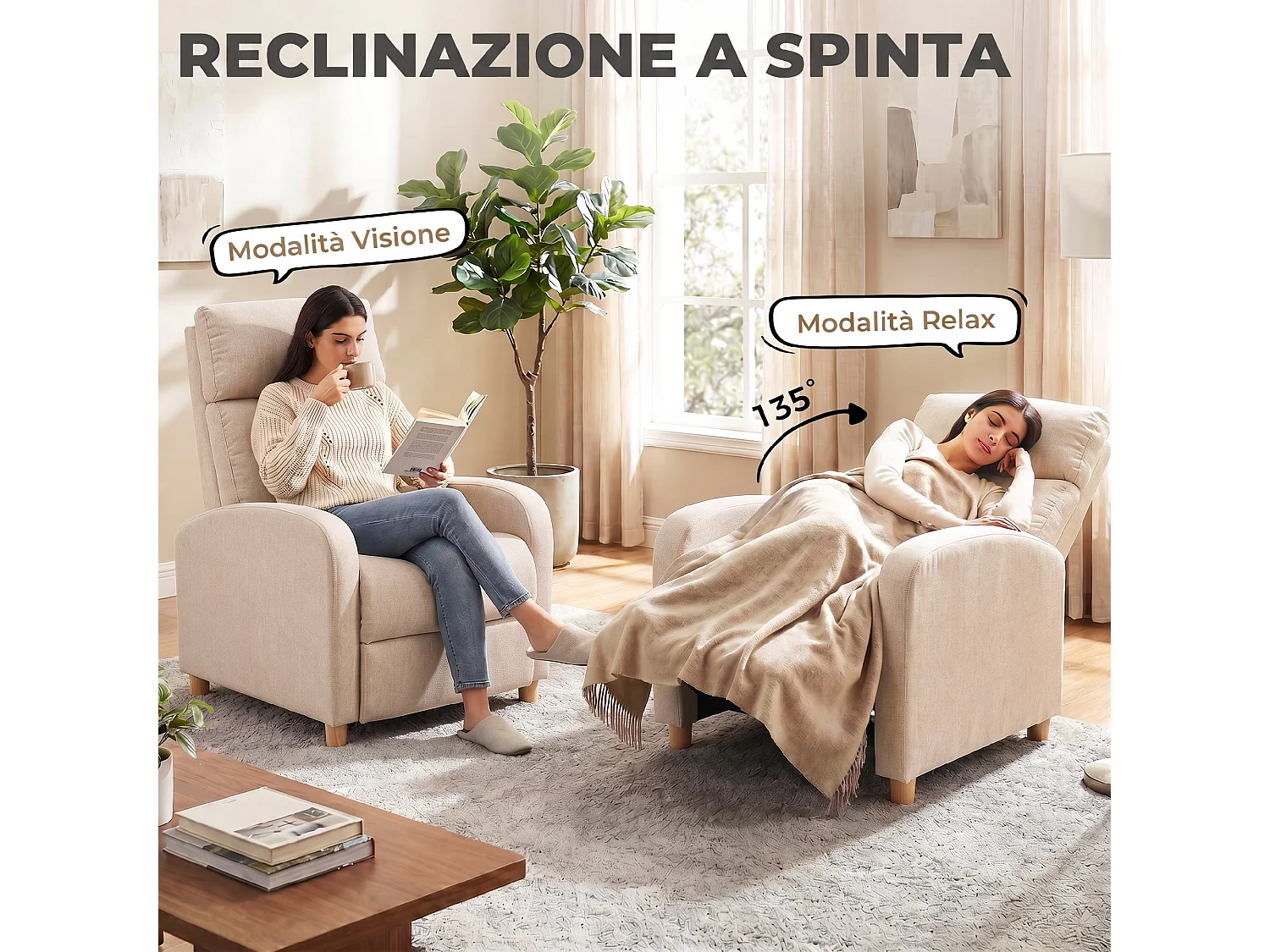 Poltrona relax reclinabile in tessuto effetto lino beige