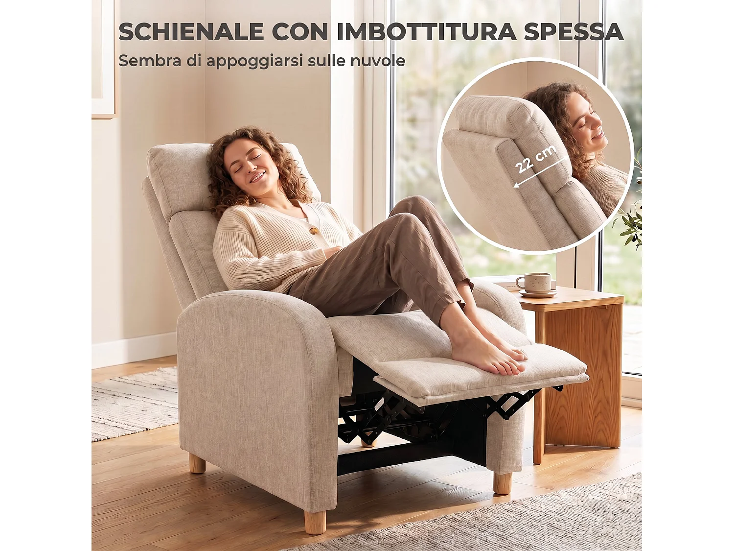 Poltrona relax reclinabile in tessuto effetto lino beige