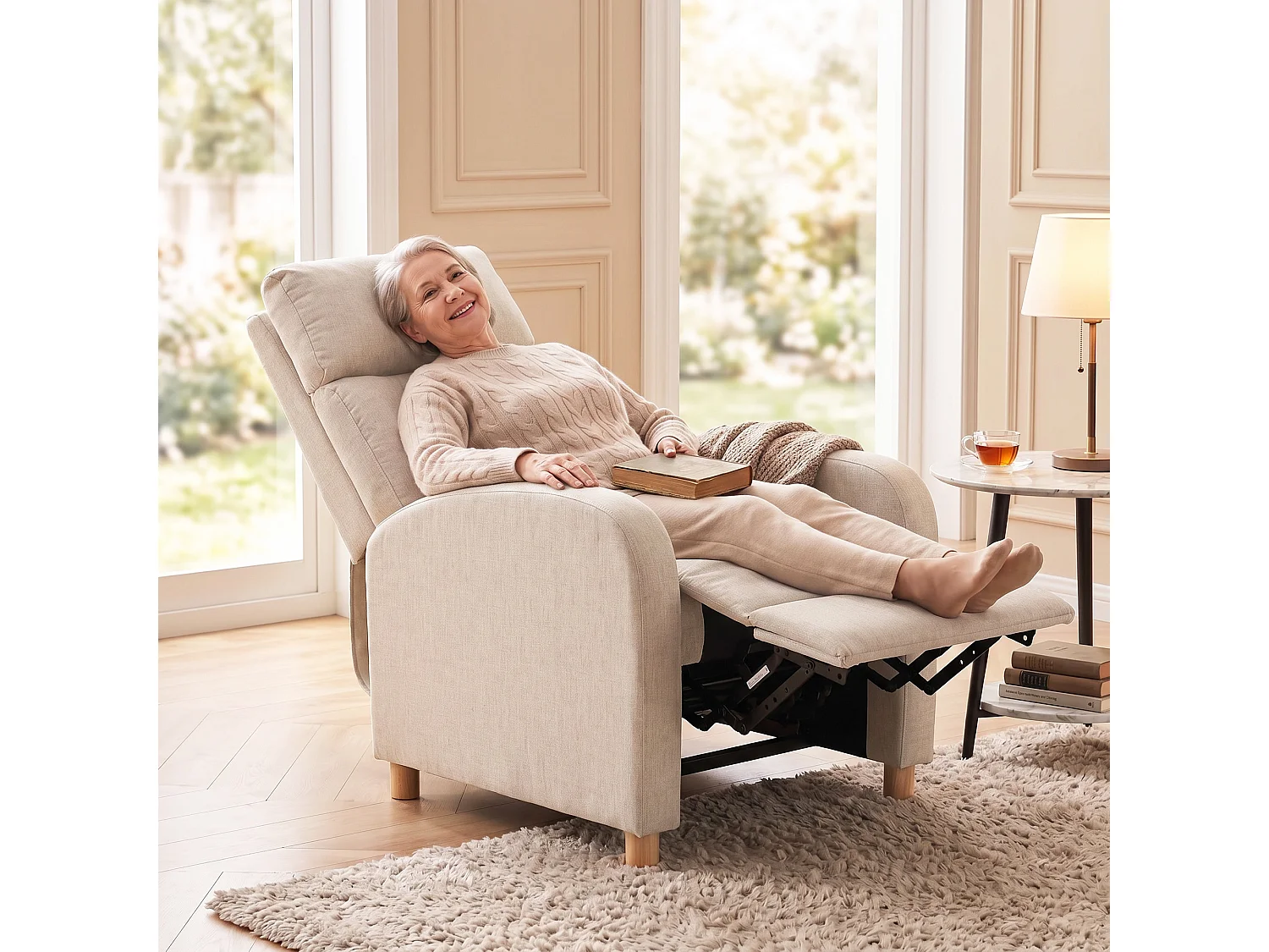 Poltrona relax reclinabile in tessuto effetto lino beige