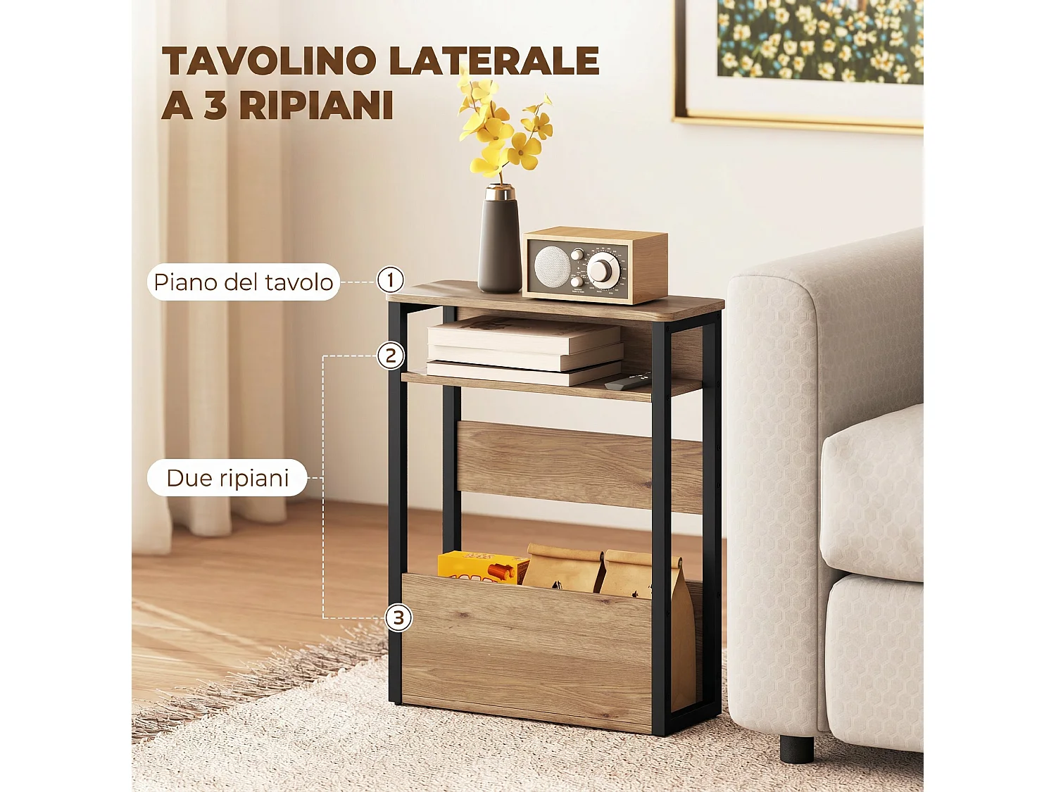 Tavolino da soggiorno industriale a 2 ripiani in legno metallo noce