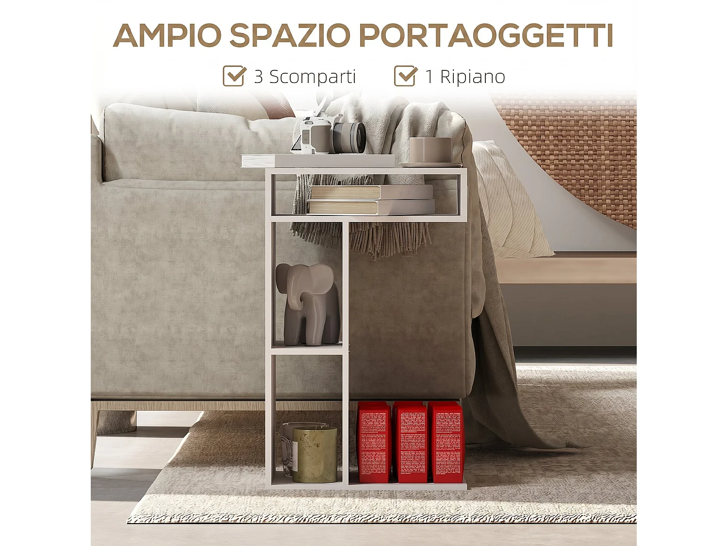 Tavolino laterale a forma di c con rotelle e mensola aperta bianco
