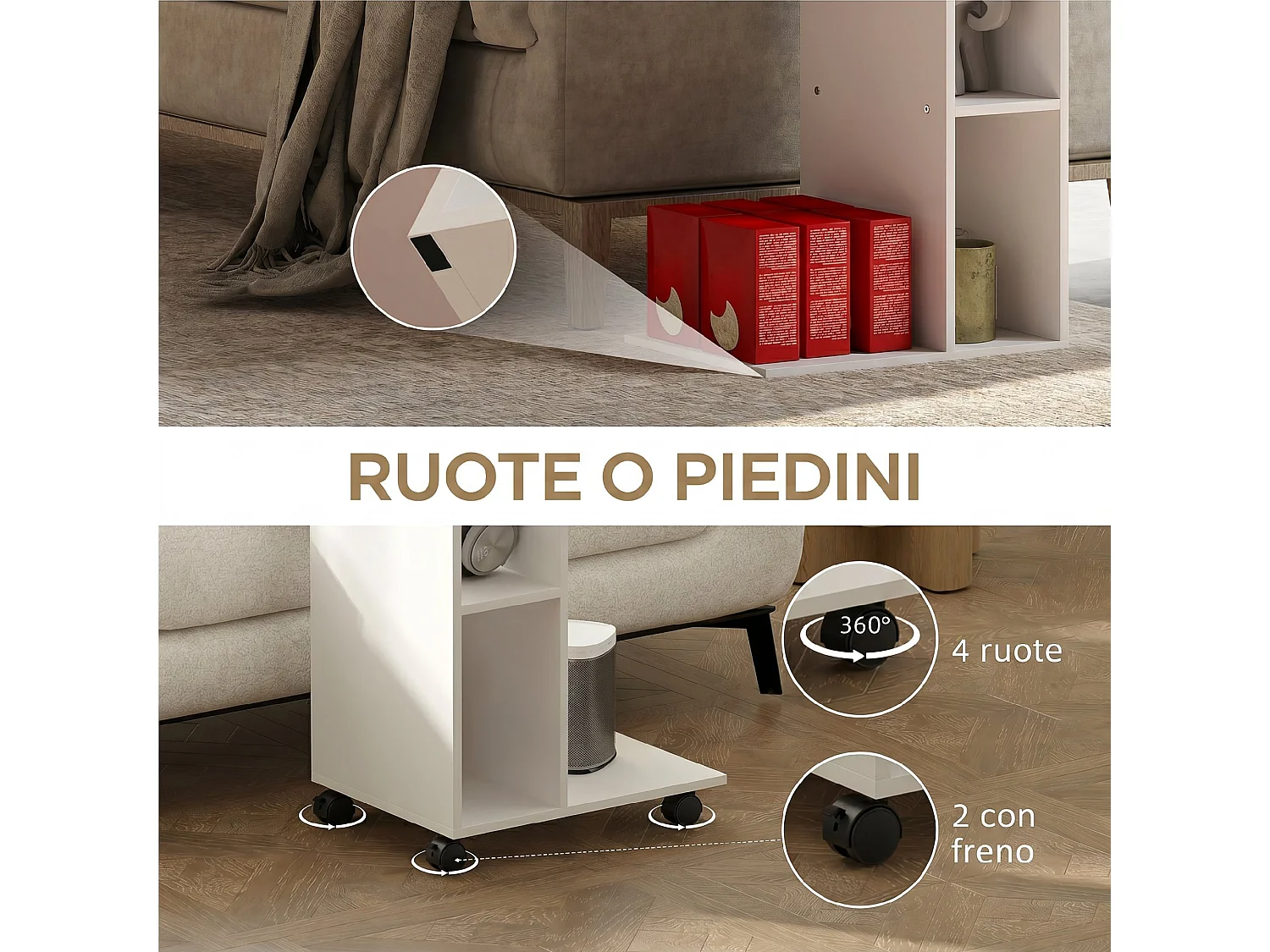 Tavolino laterale a forma di c con rotelle e mensola aperta bianco