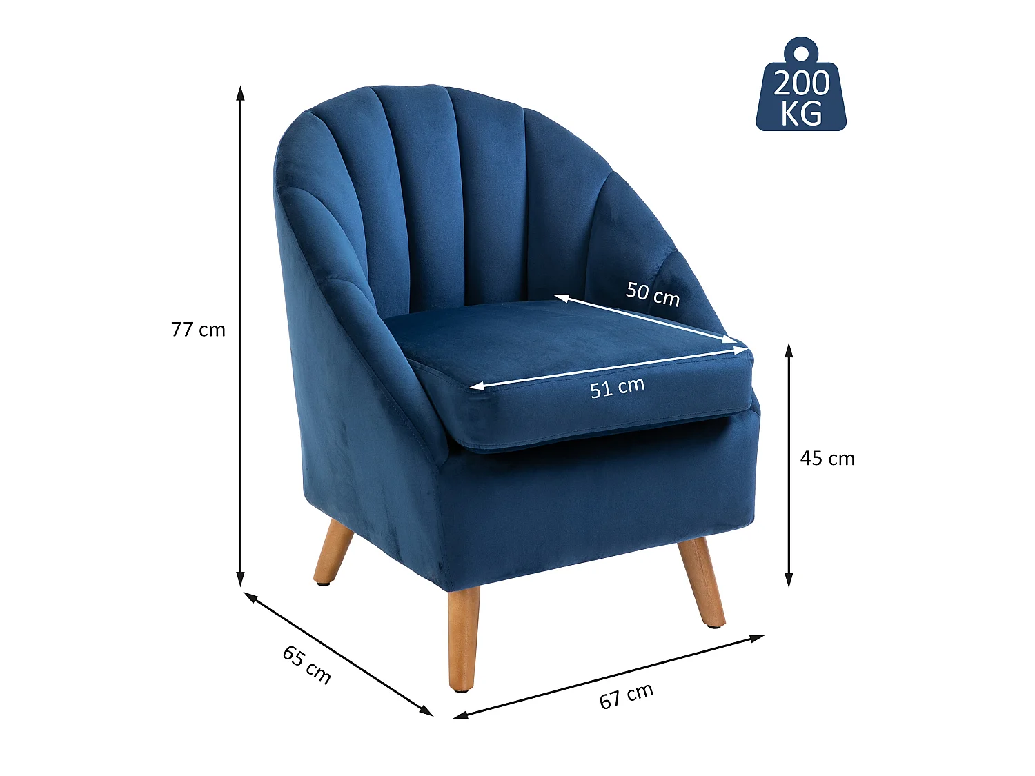 Poltrona salotto imbottito con gambe in legno di caucciù blu