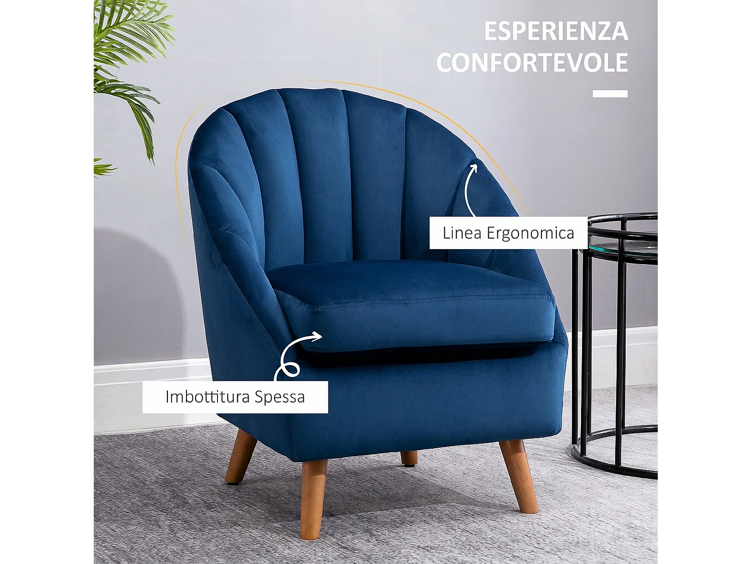 Poltrona salotto imbottito con gambe in legno di caucciù blu