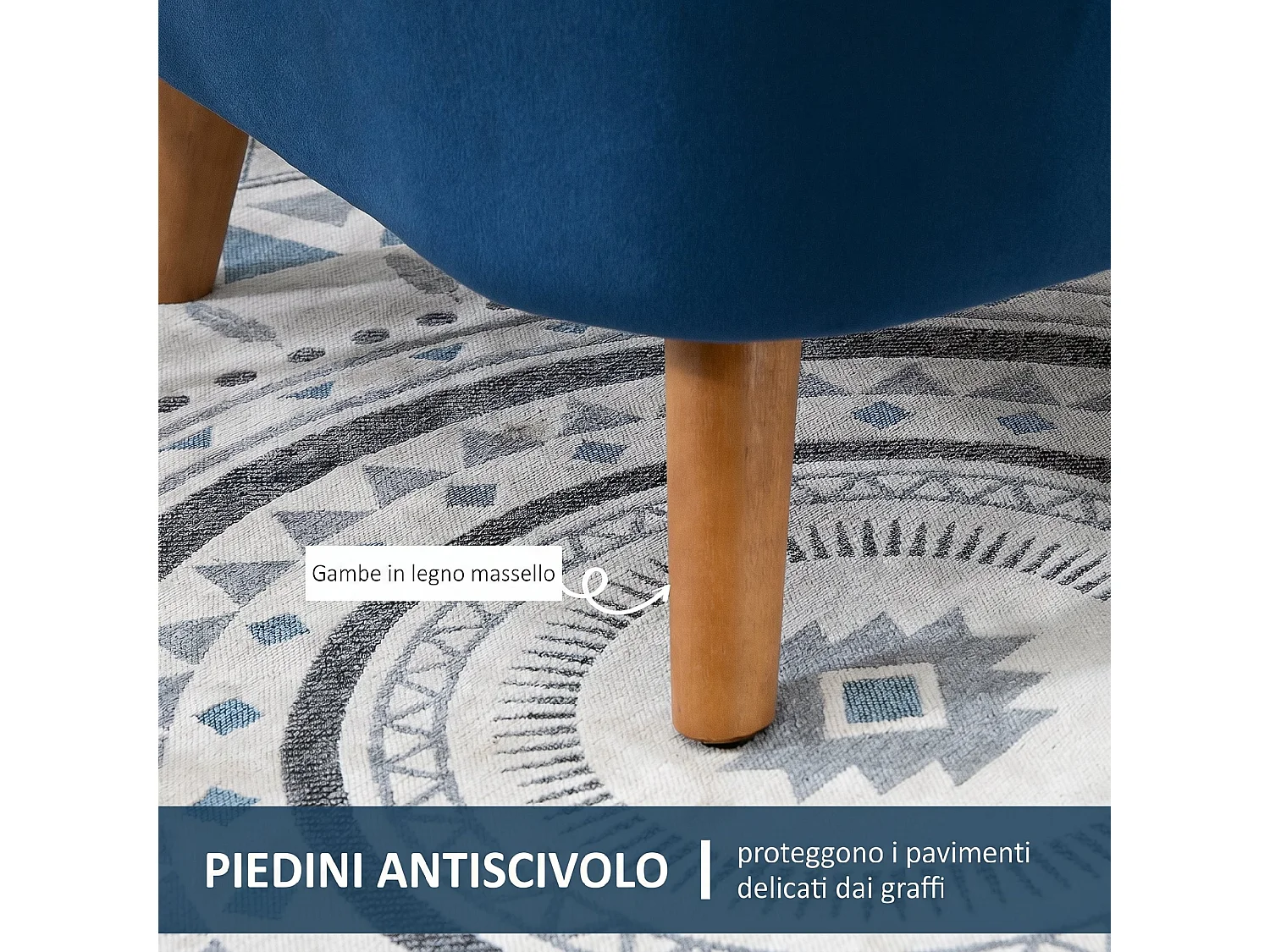 Poltrona salotto imbottito con gambe in legno di caucciù blu