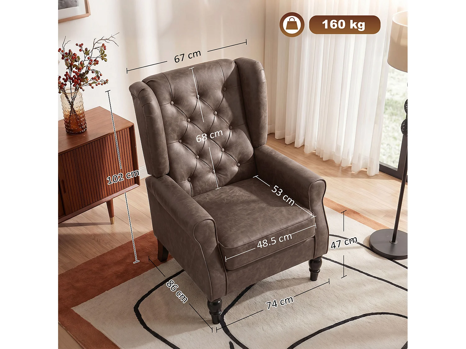 Poltroncina camera da letto in pelle pu con schienale alto marrone