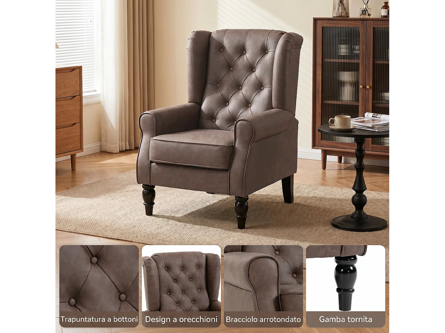 Poltroncina camera da letto in pelle pu con schienale alto marrone