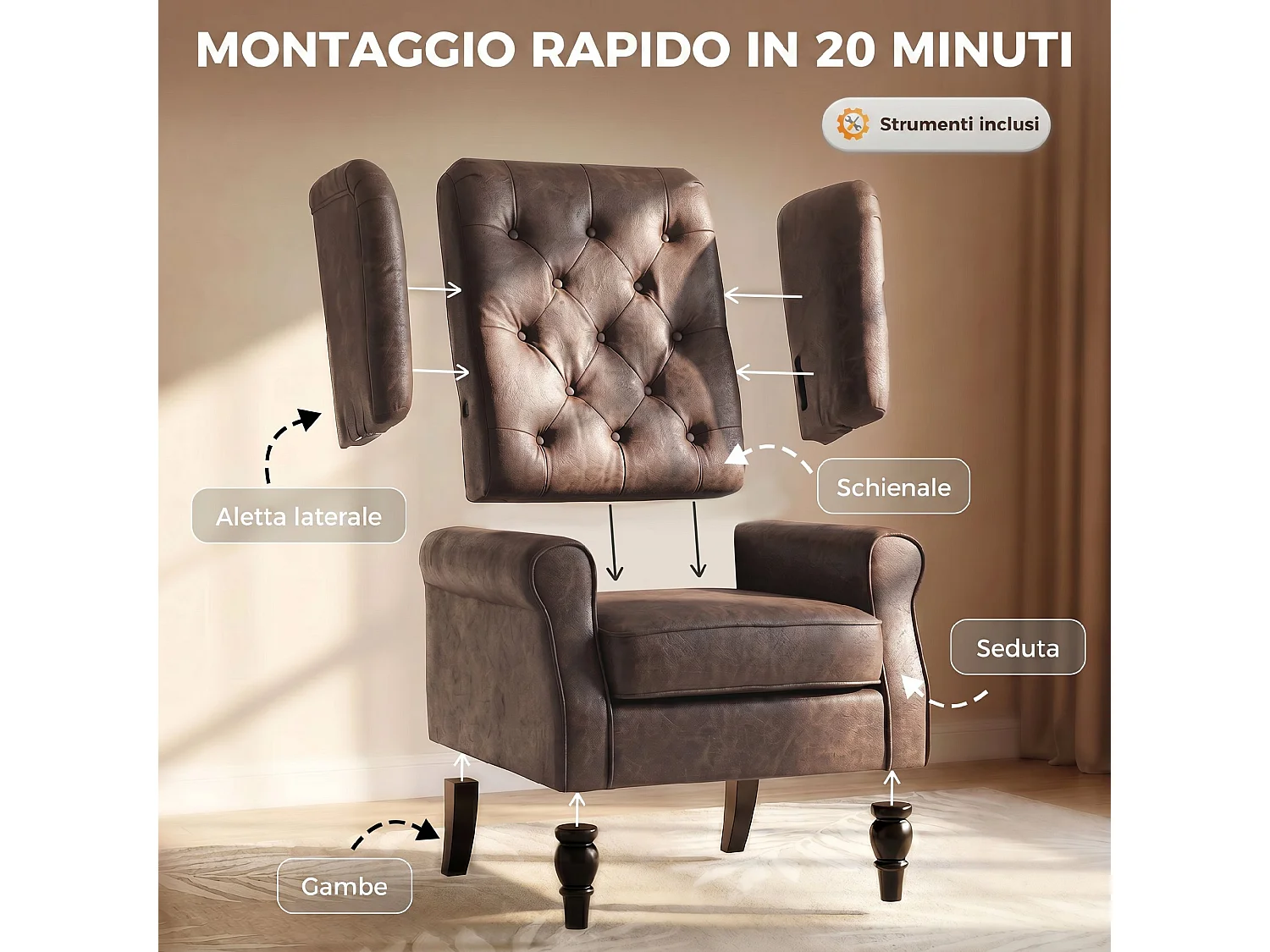 Poltroncina camera da letto in pelle pu con schienale alto marrone