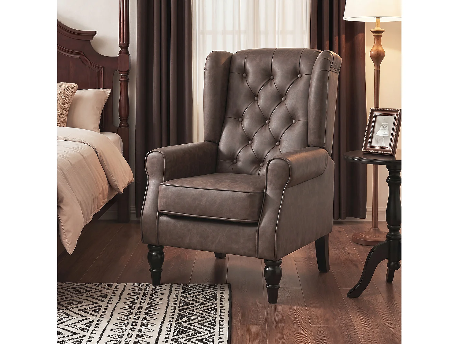 Poltroncina camera da letto in pelle pu con schienale alto marrone