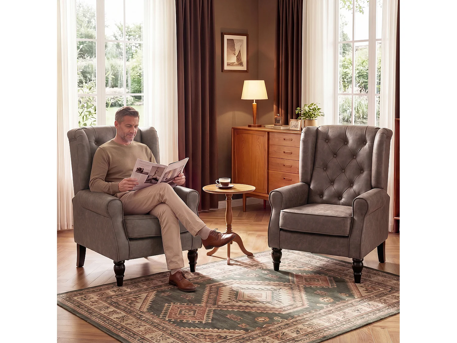 Poltroncina camera da letto in pelle pu con schienale alto marrone