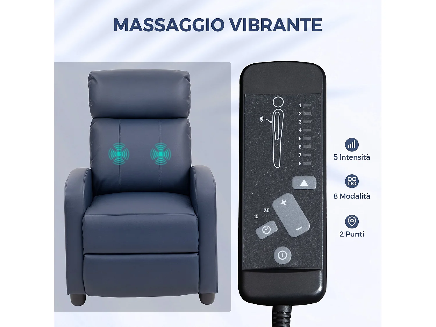 Poltrona massaggiante reclinabile con poggiapiedi pelle PU blu scuro